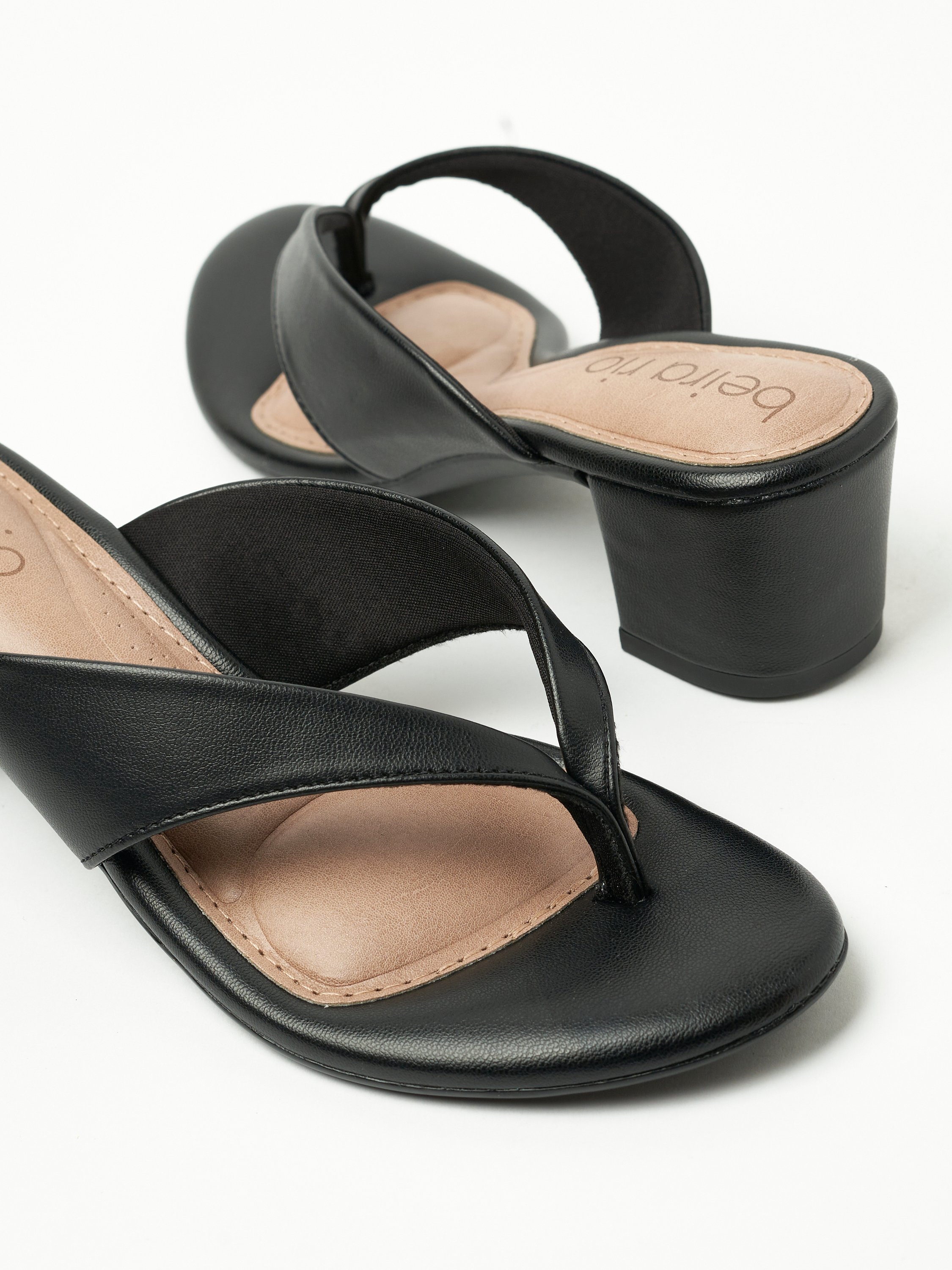 Black Thong Strap Block Heel Sandals