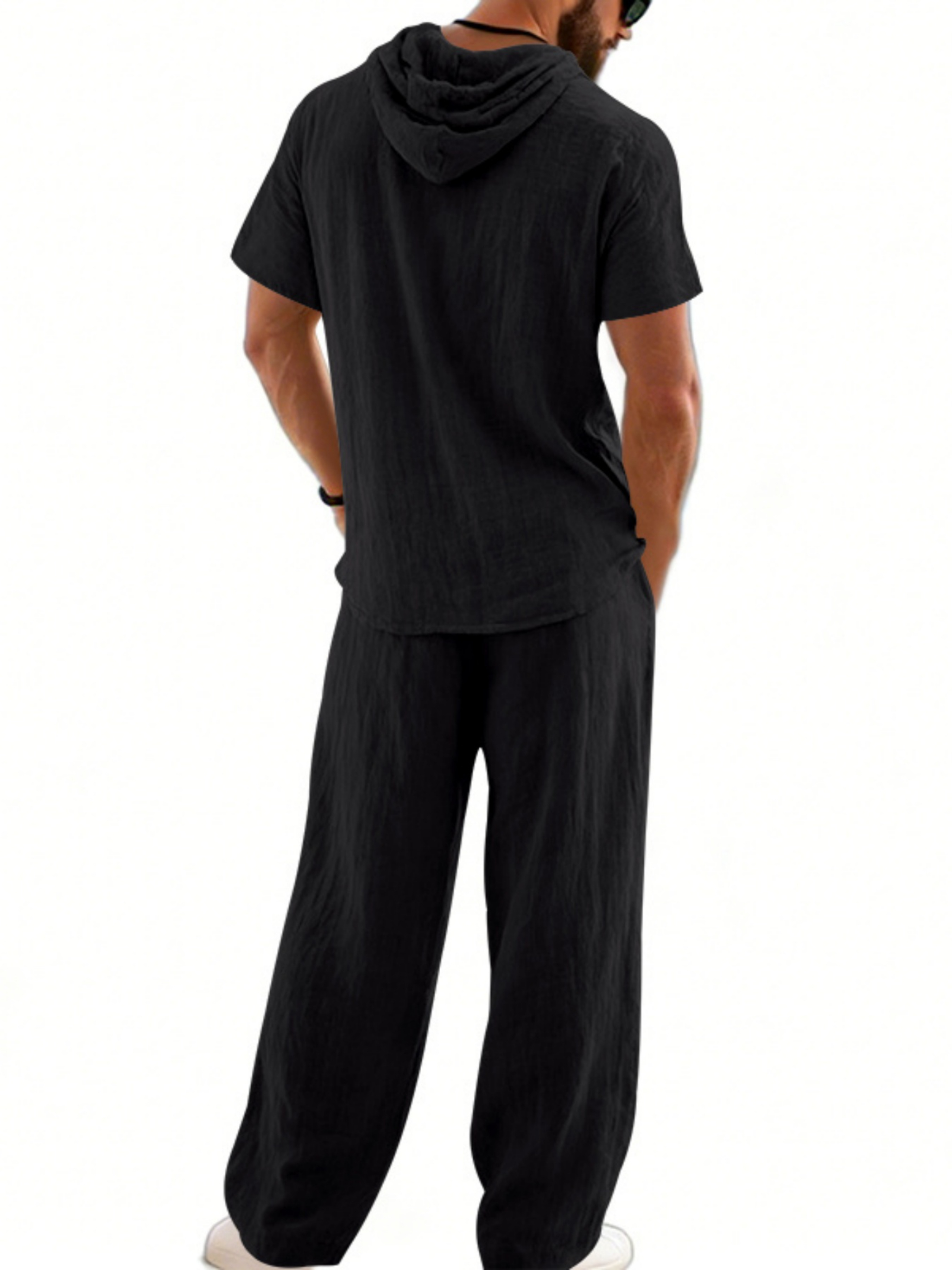 Men Black Linen Hooded Shirt and Trousers Set