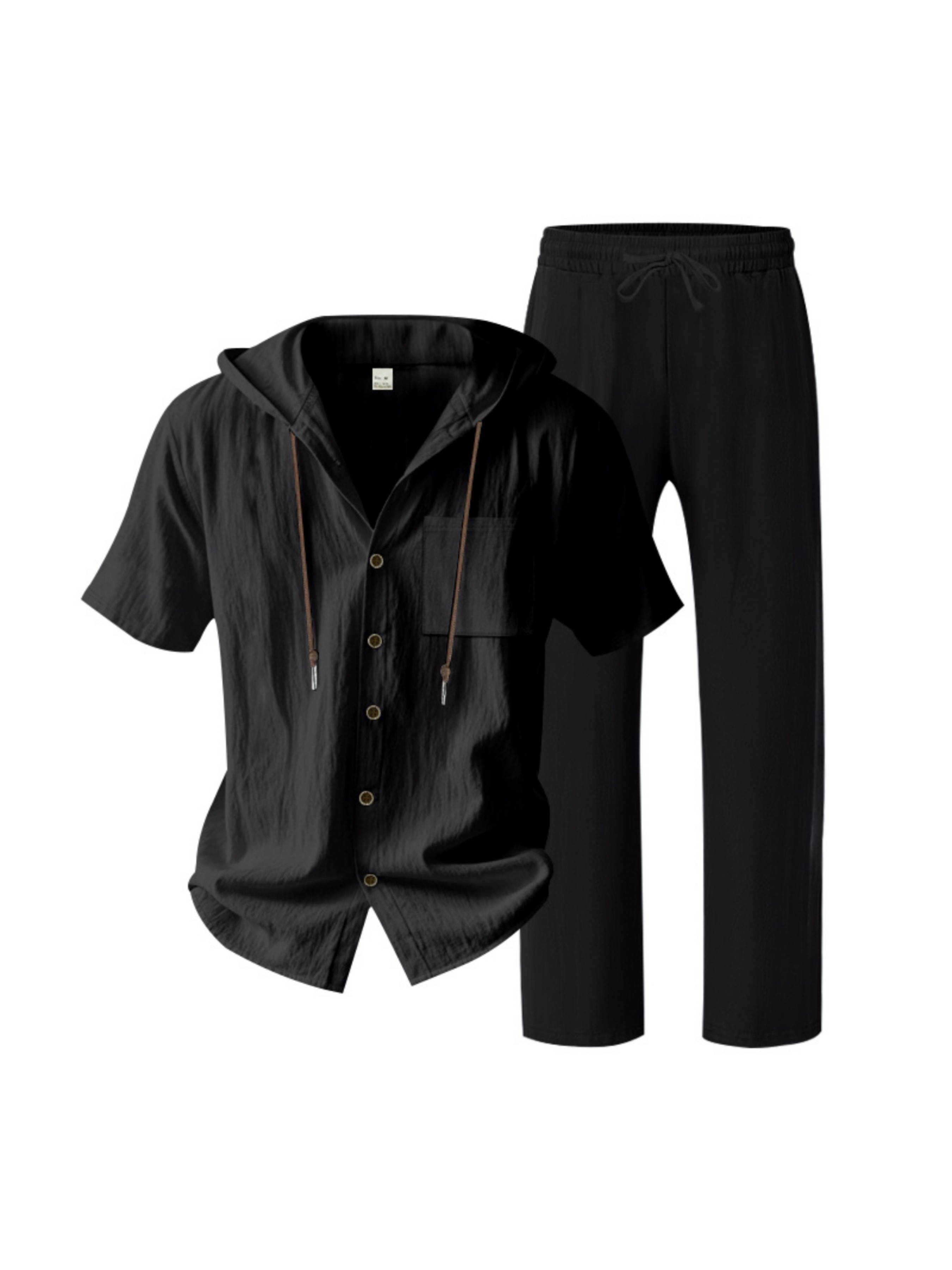 Men Black Linen Hooded Shirt and Trousers Set