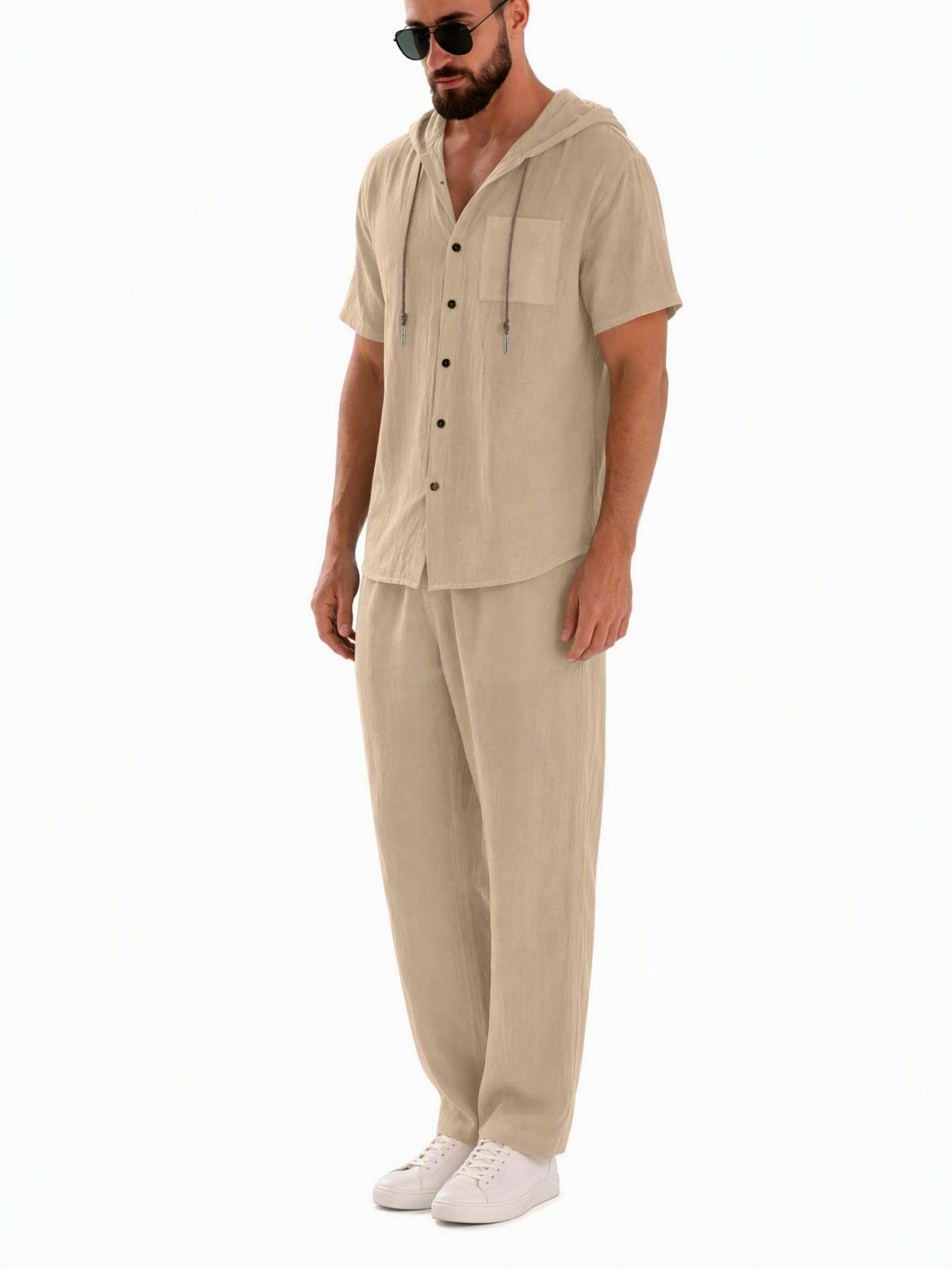 Men Beige Linen Hooded Shirt and Trousers Set