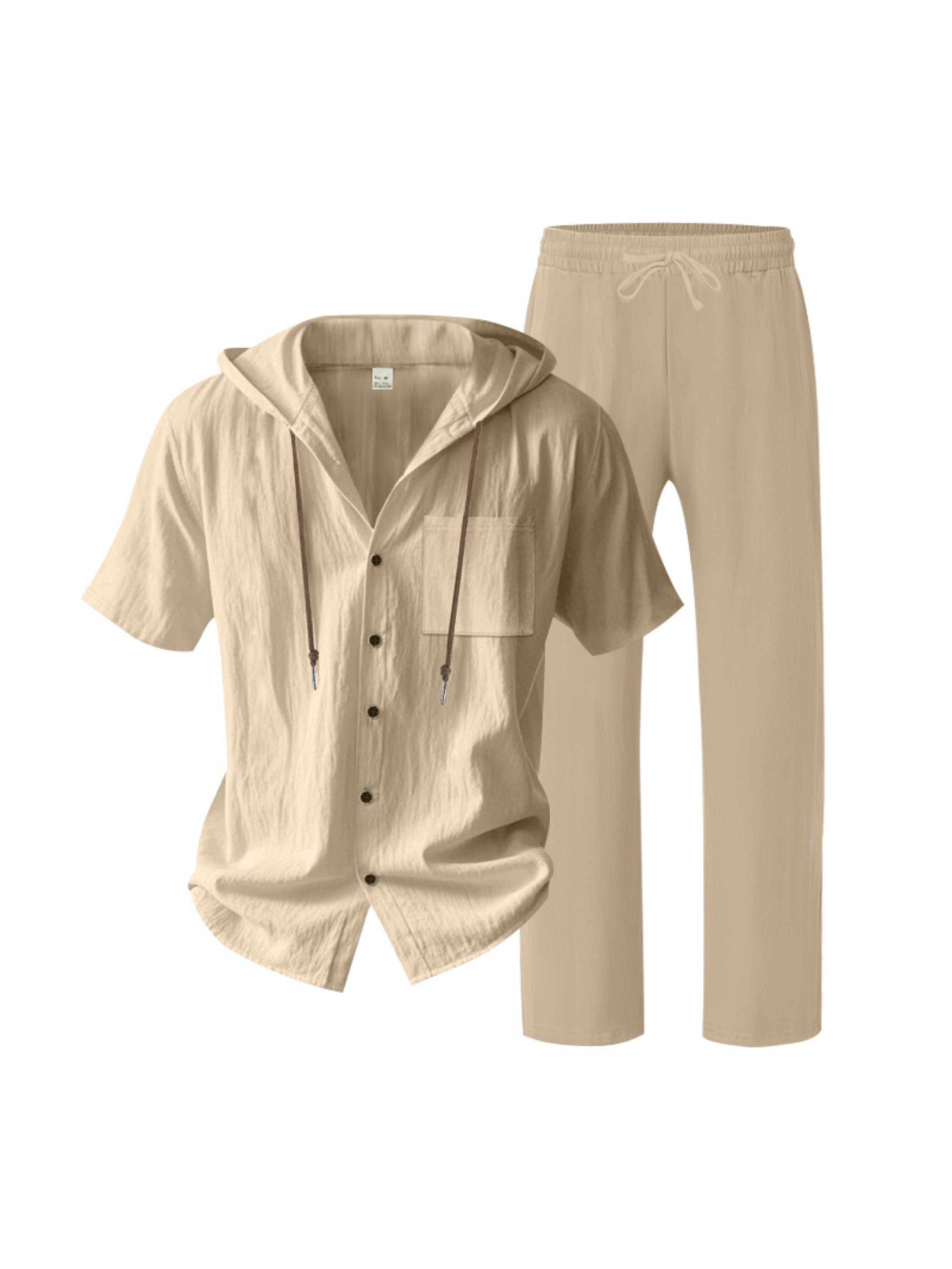 Men Beige Linen Hooded Shirt and Trousers Set