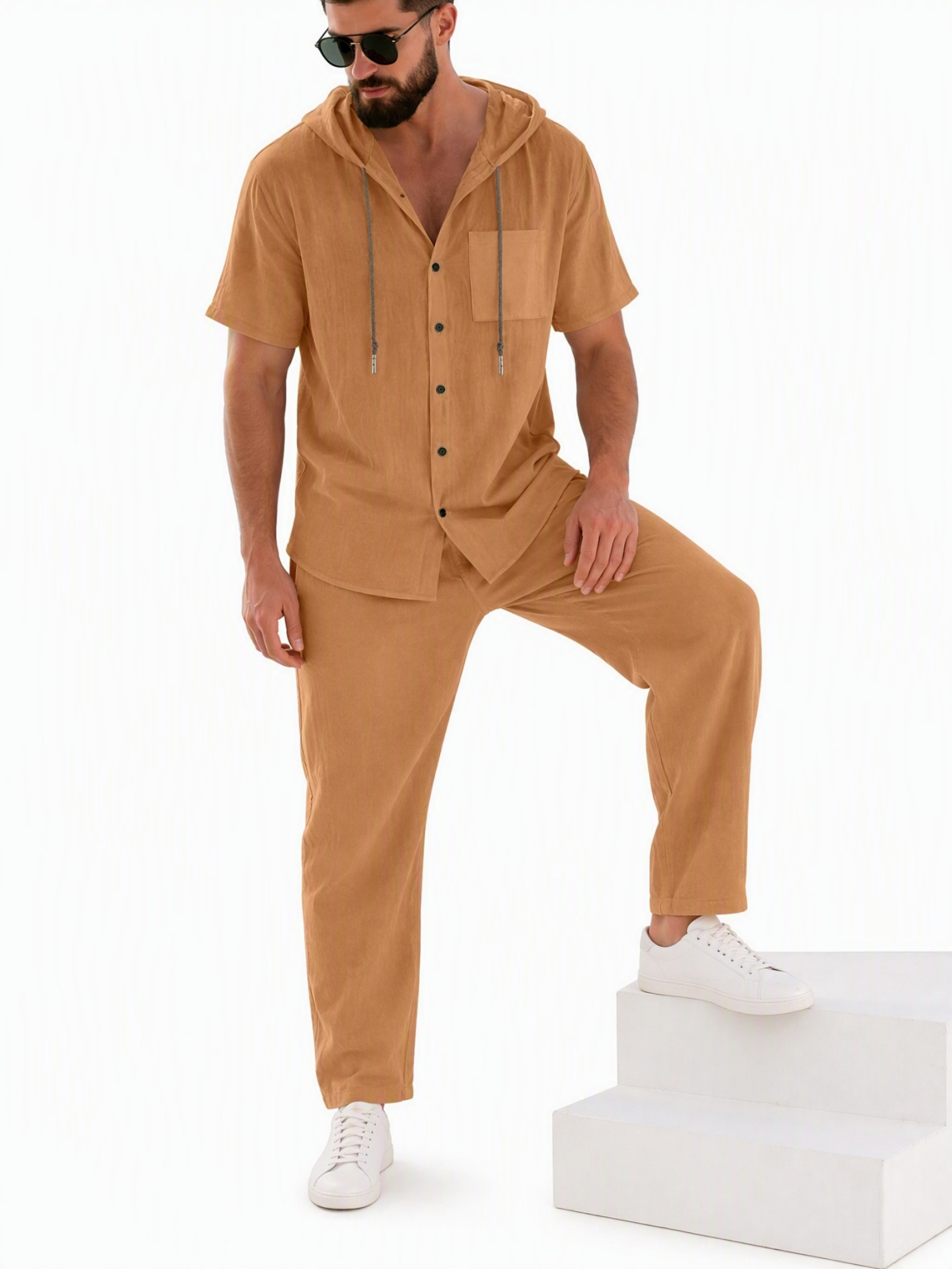 Men Brown Linen Hooded Shirt and Trousers Set