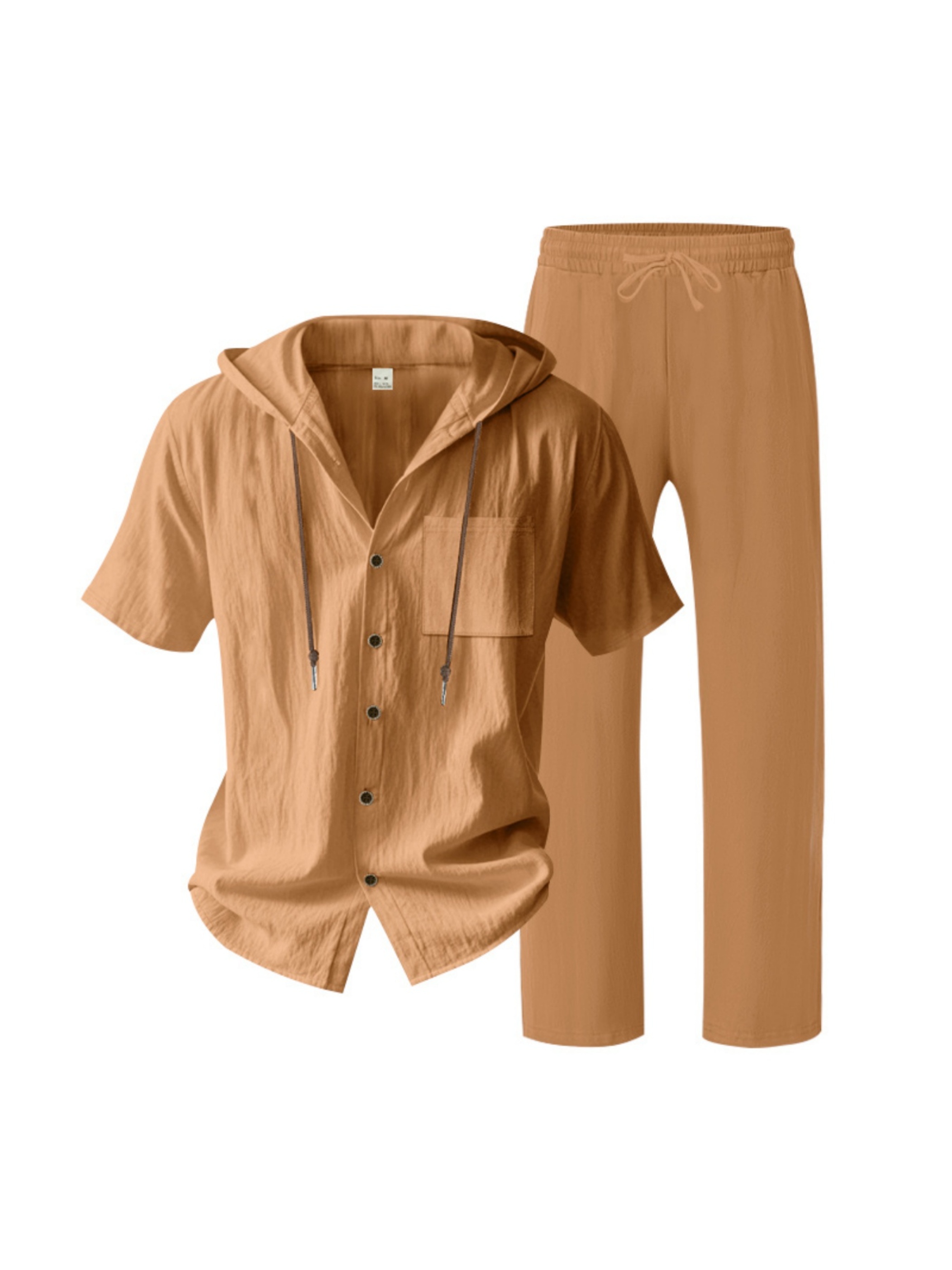 Men Brown Linen Hooded Shirt and Trousers Set