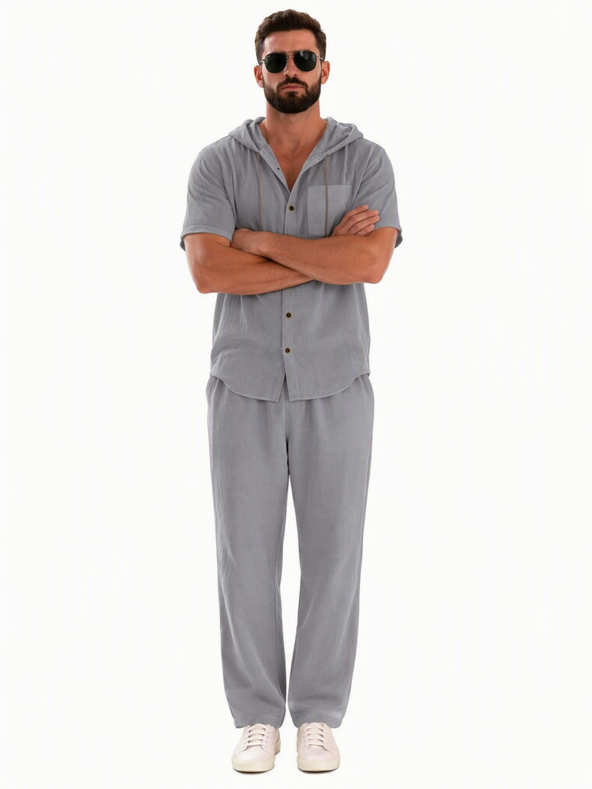 Men Grey Linen Hooded Shirt and Trousers Set