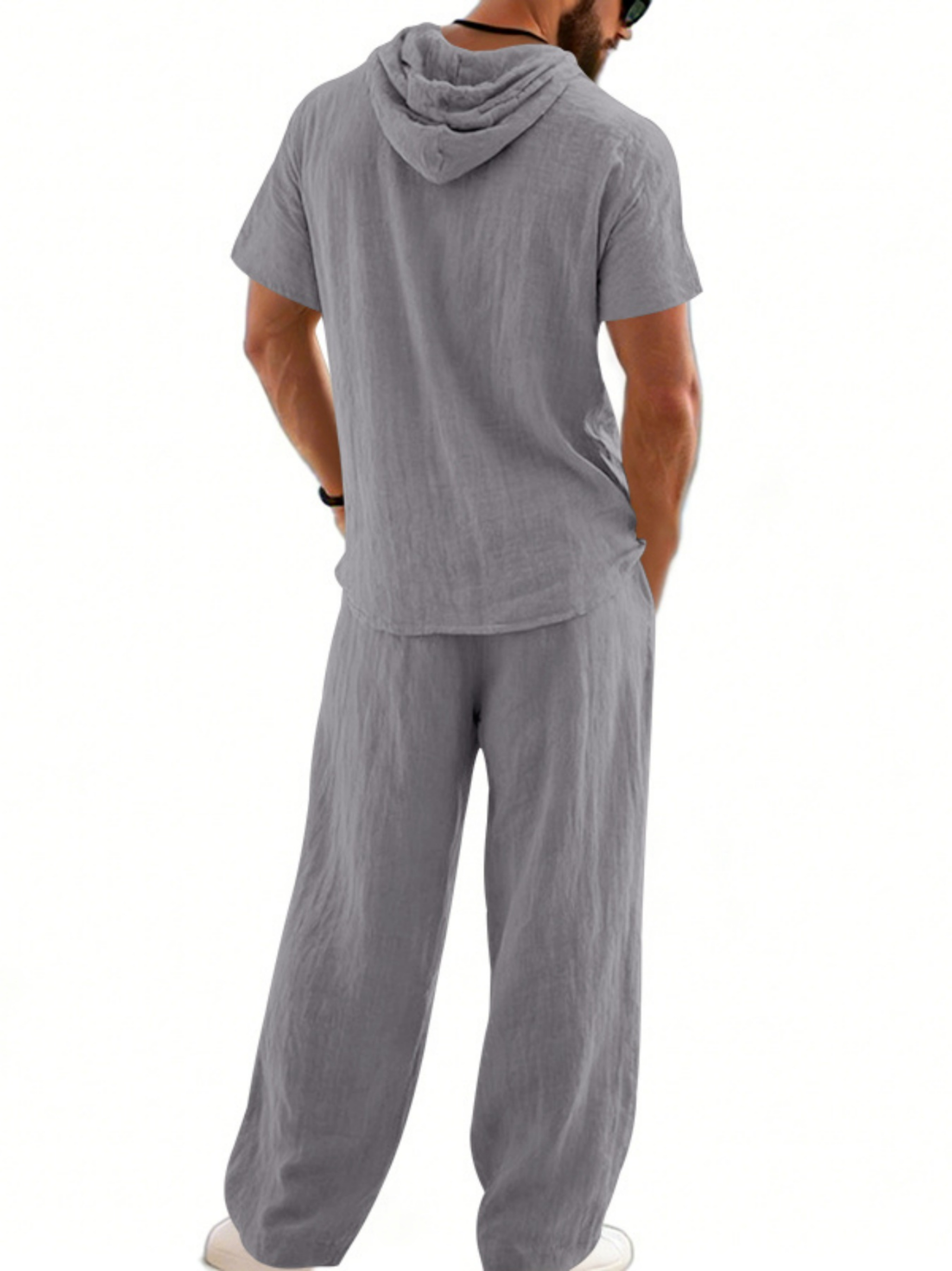 Men Grey Linen Hooded Shirt and Trousers Set