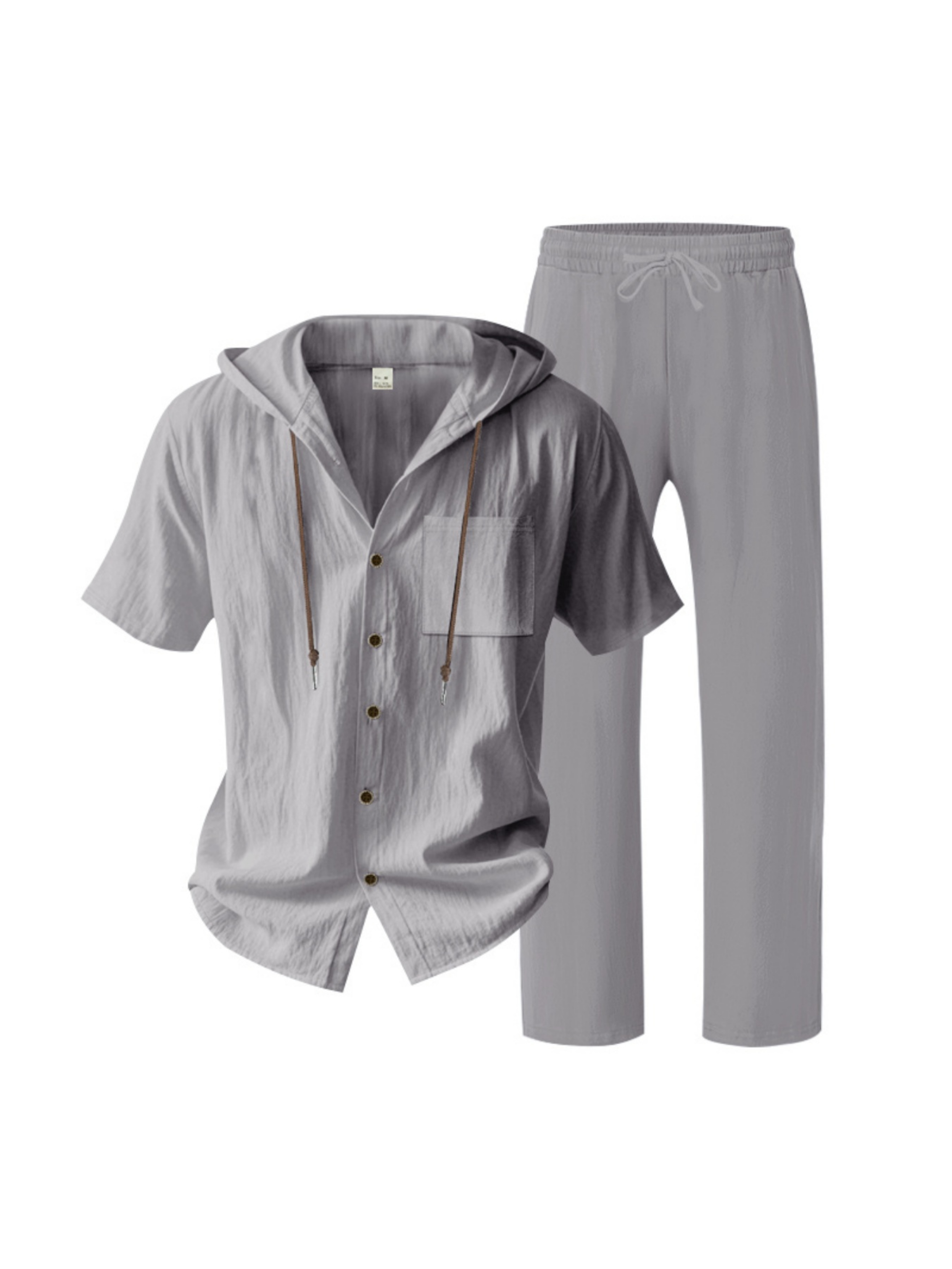 Men Grey Linen Hooded Shirt and Trousers Set