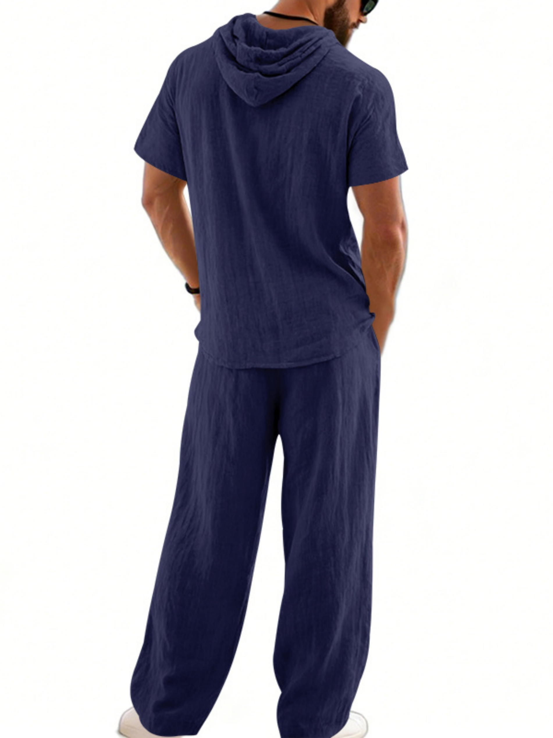 Men Navy Blue Linen Hooded Shirt and Trousers Set