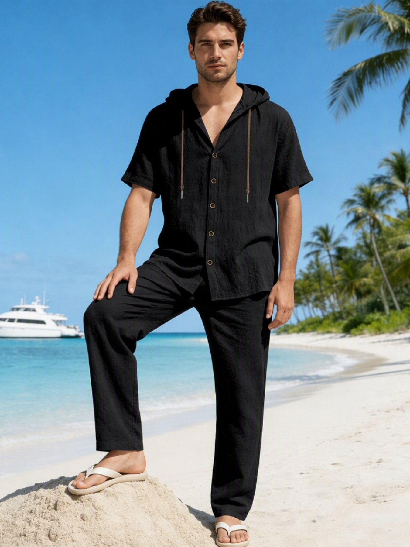 Men Black Linen Hooded Shirt and Trousers Set