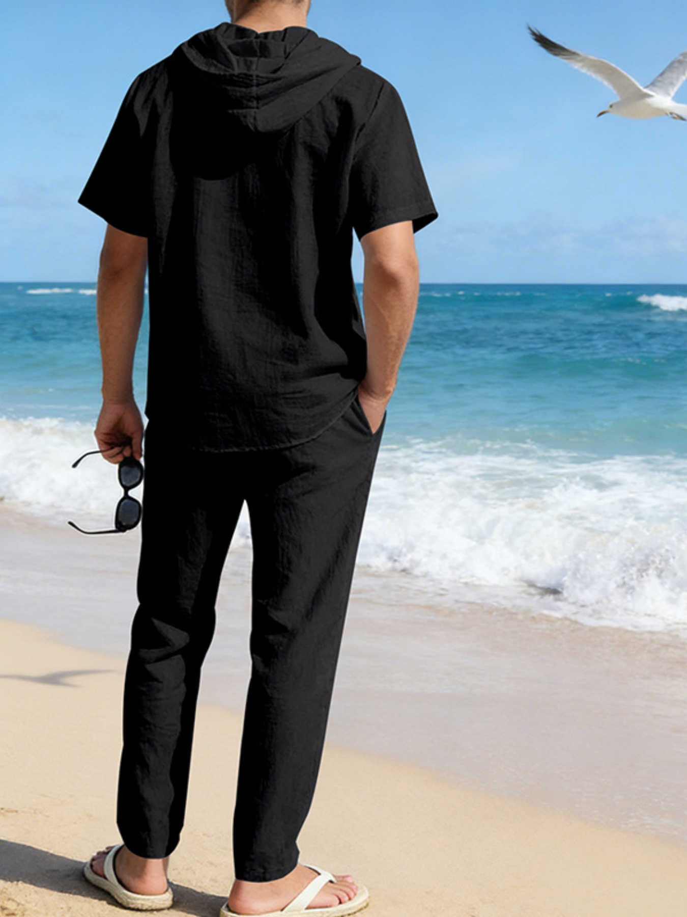 Men Black Linen Hooded Shirt and Trousers Set