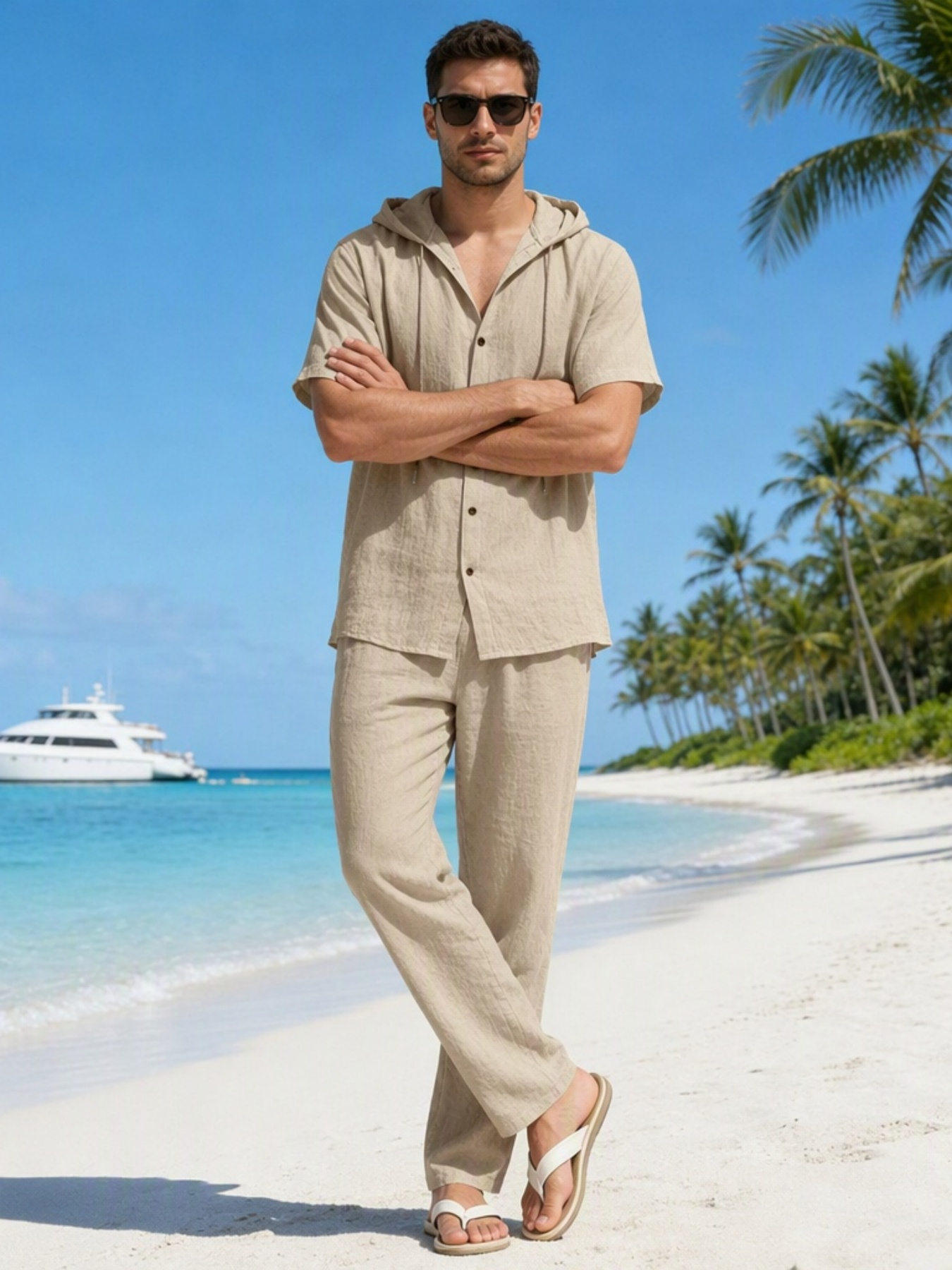 Men Beige Linen Hooded Shirt and Trousers Set