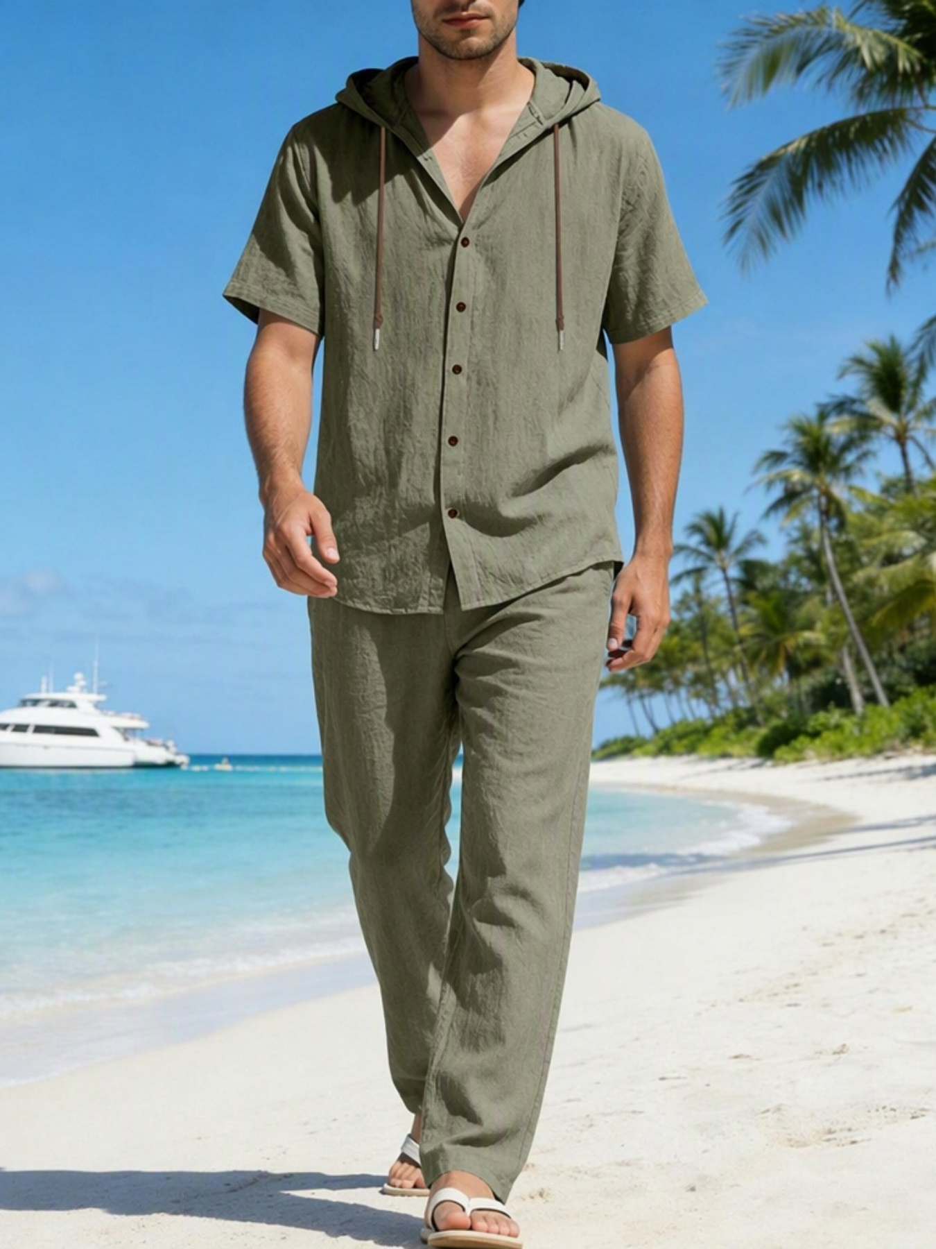 Men Green Linen Hooded Shirt and Trousers Set