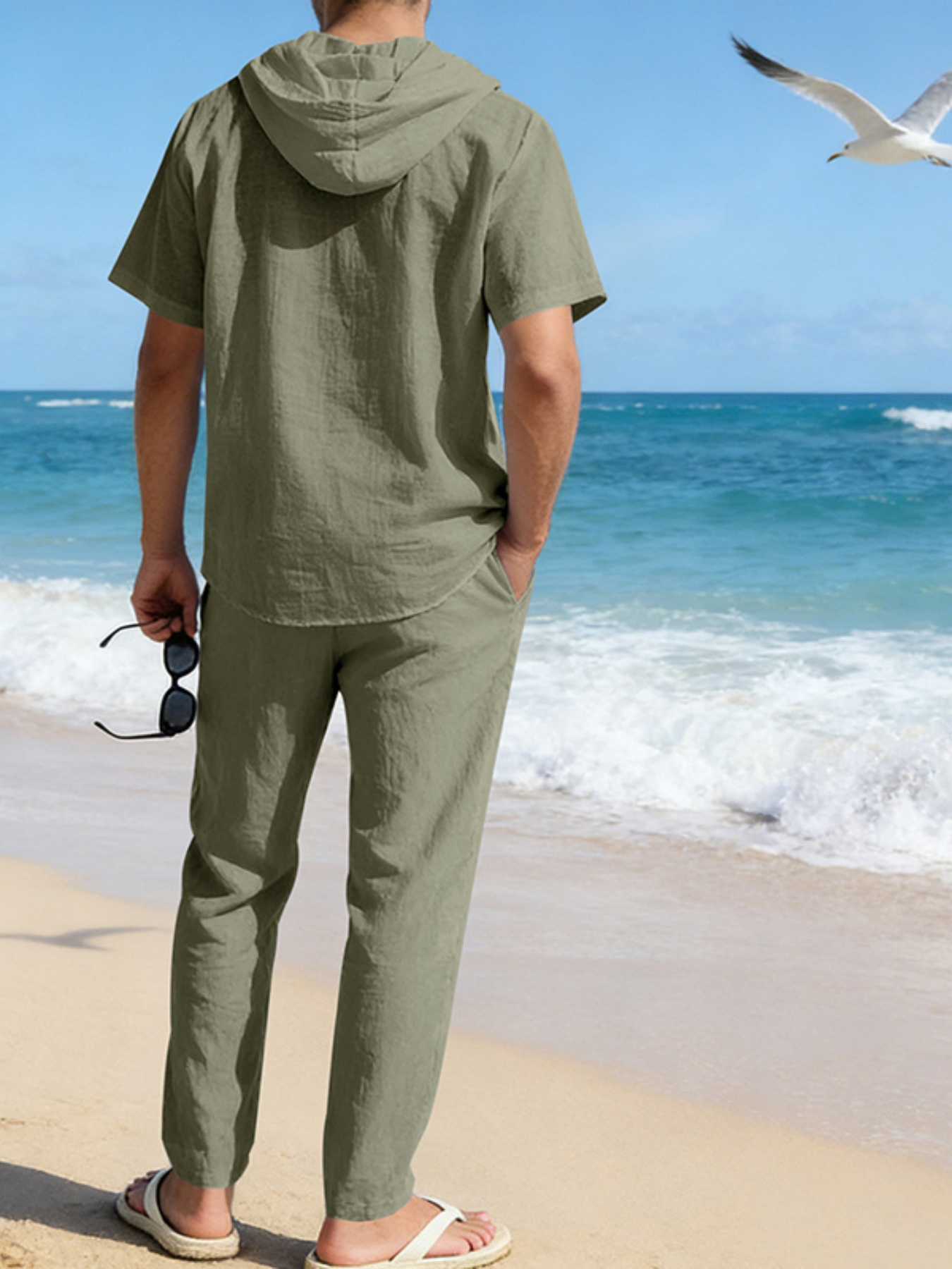 Men Green Linen Hooded Shirt and Trousers Set