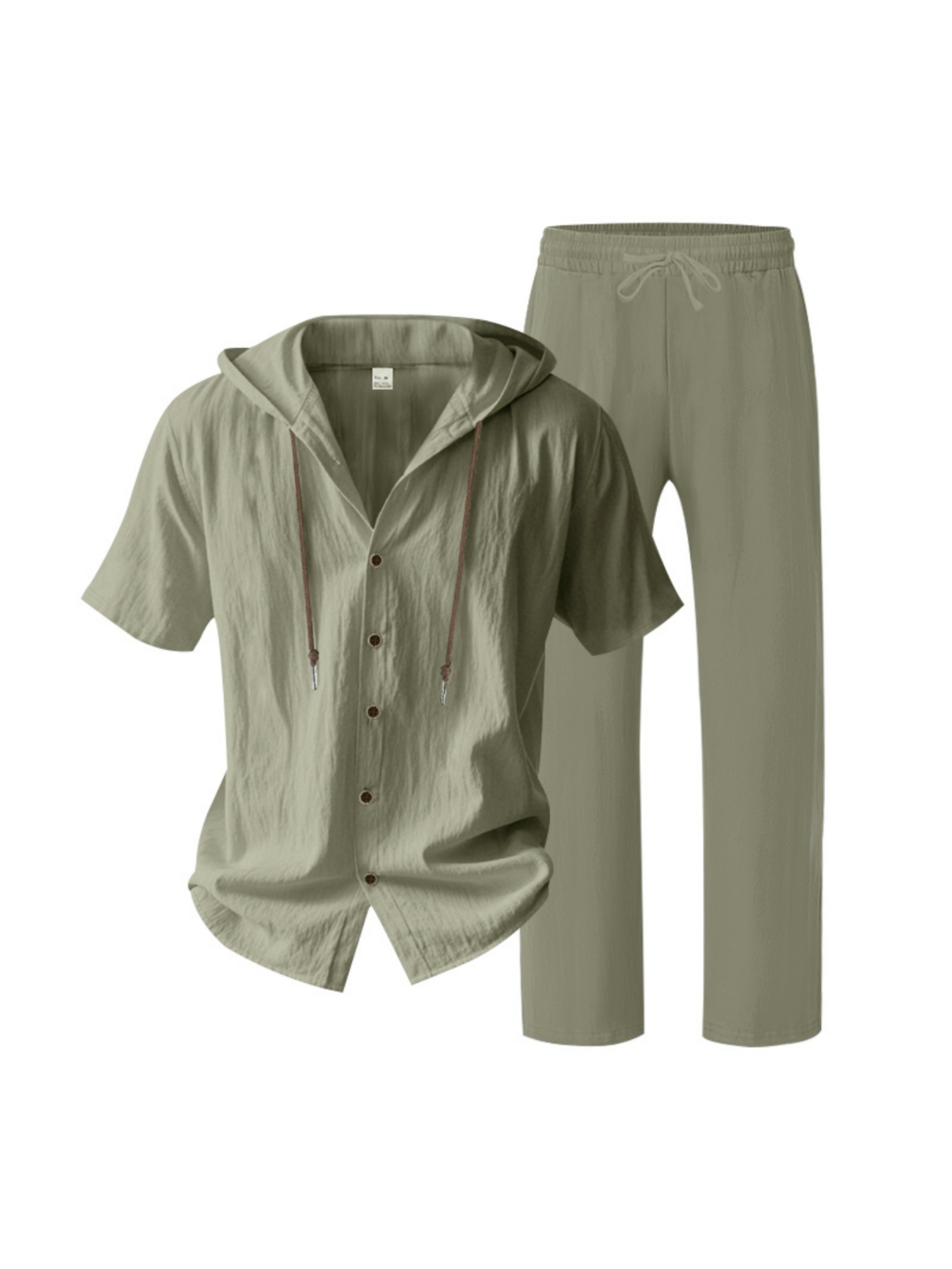 Men Green Linen Hooded Shirt and Trousers Set