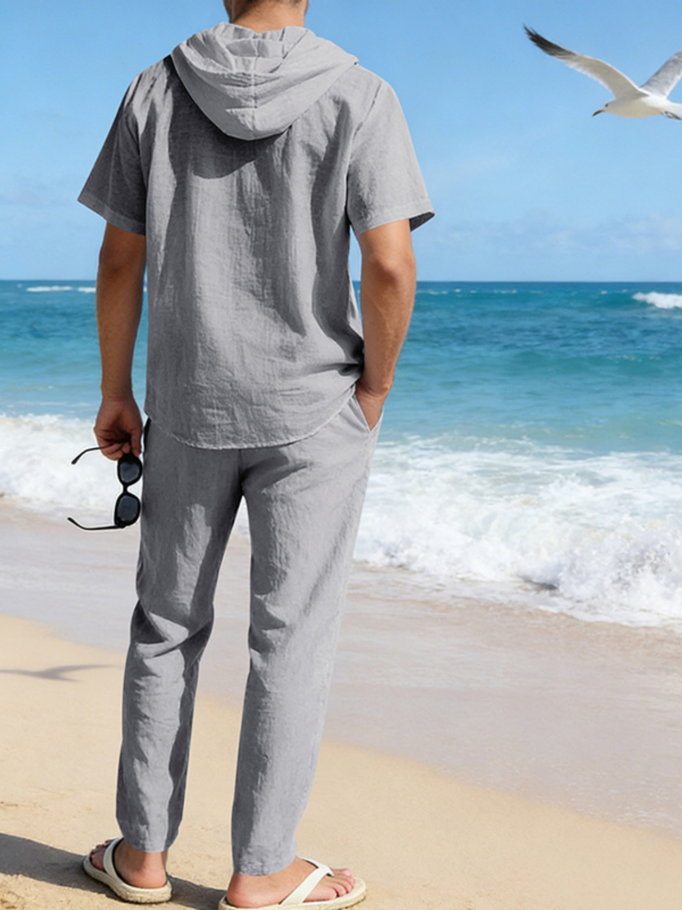 Men Grey Linen Short-Sleeve Hooded Shirt and Trousers Set