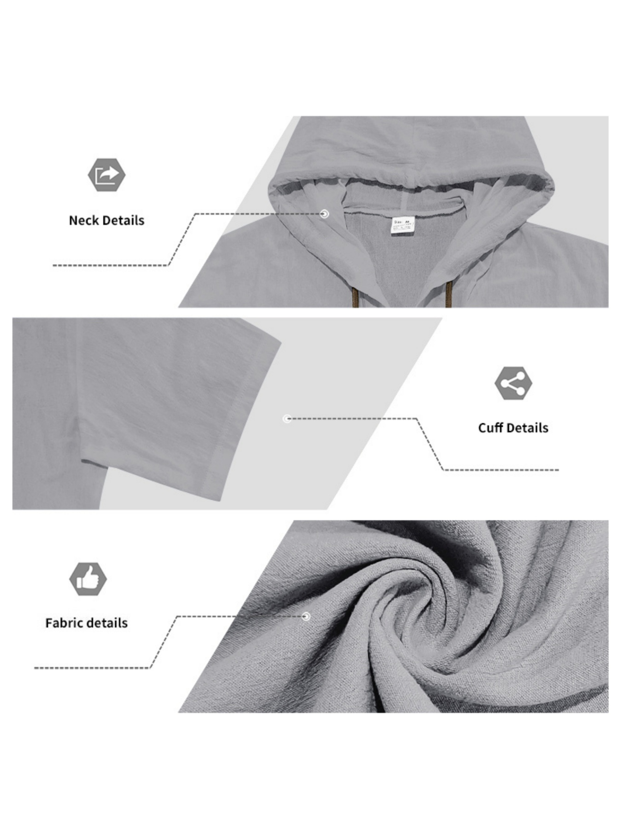 Men Grey Linen Short-Sleeve Hooded Shirt and Trousers Set