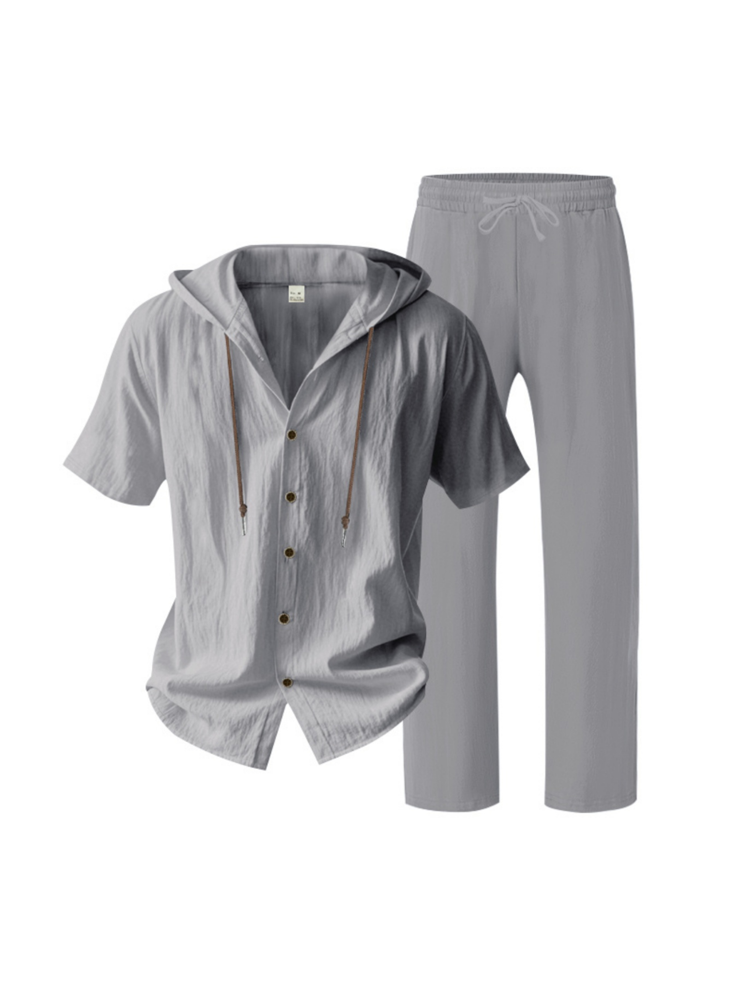 Men Grey Linen Short-Sleeve Hooded Shirt and Trousers Set