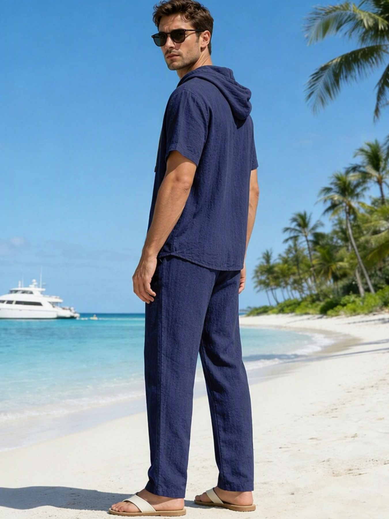 Men Navy Blue Linen Hooded Shirt and Trousers Set