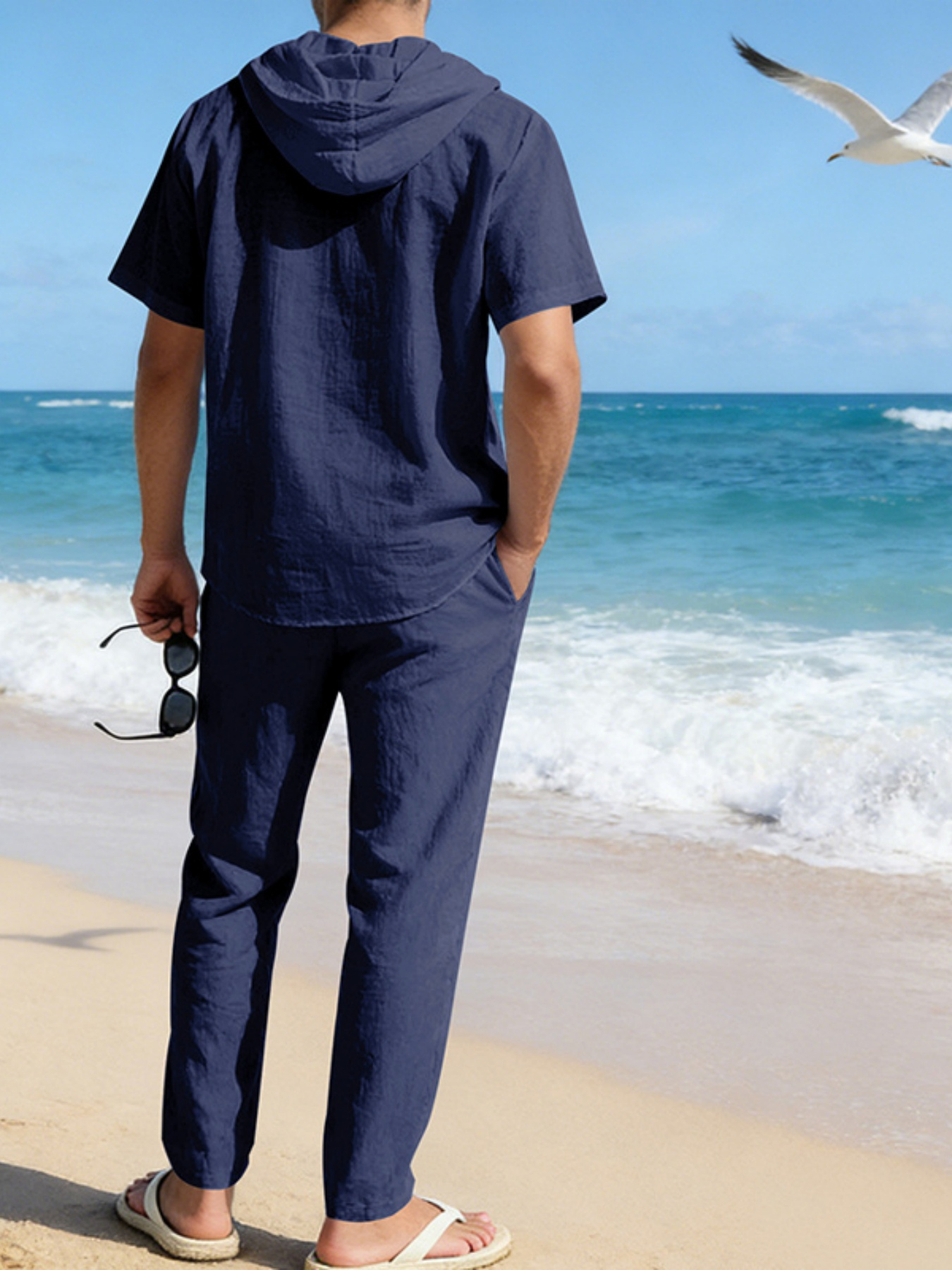 Men Navy Blue Linen Hooded Shirt and Trousers Set