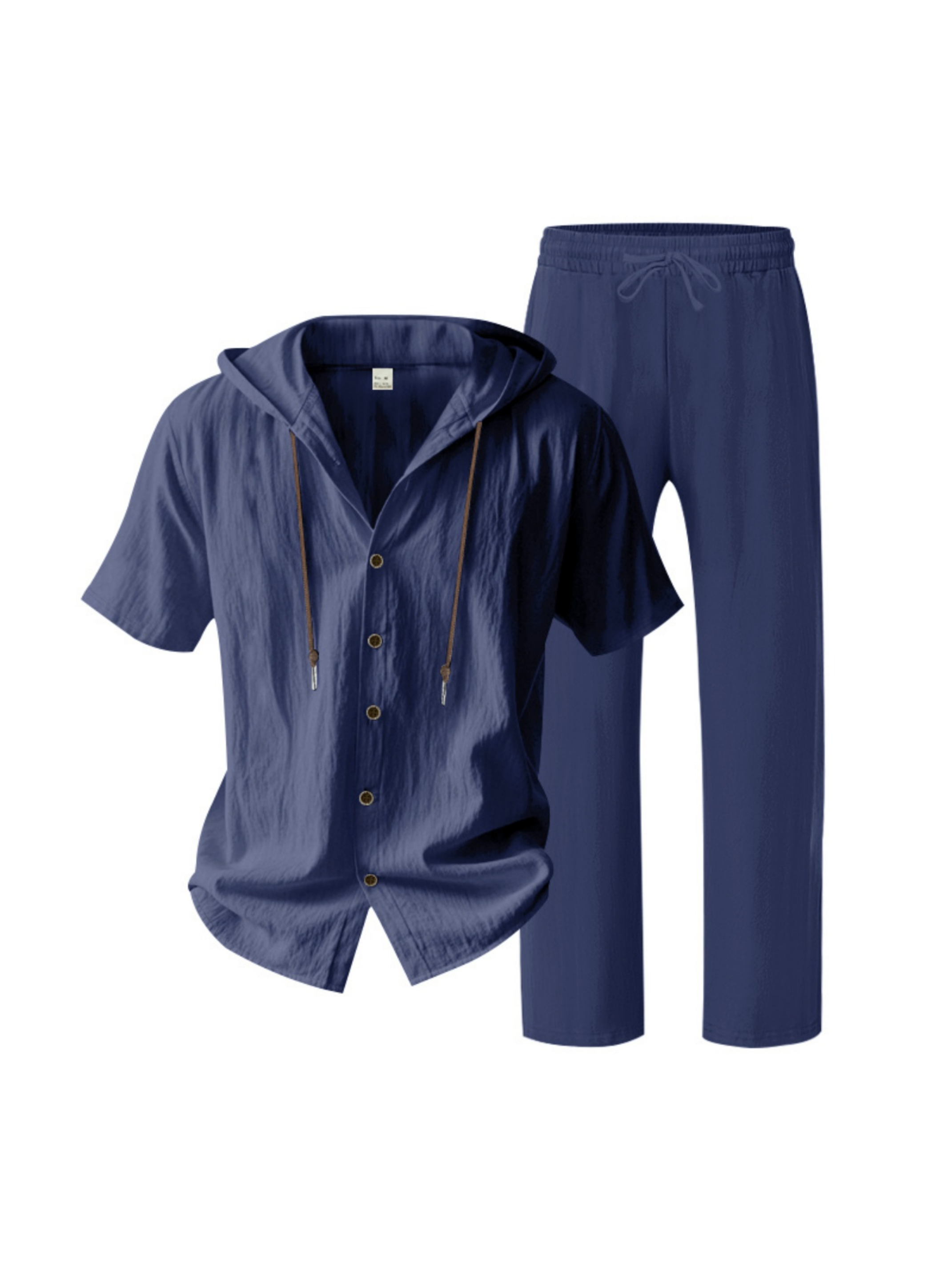Men Navy Blue Linen Hooded Shirt and Trousers Set