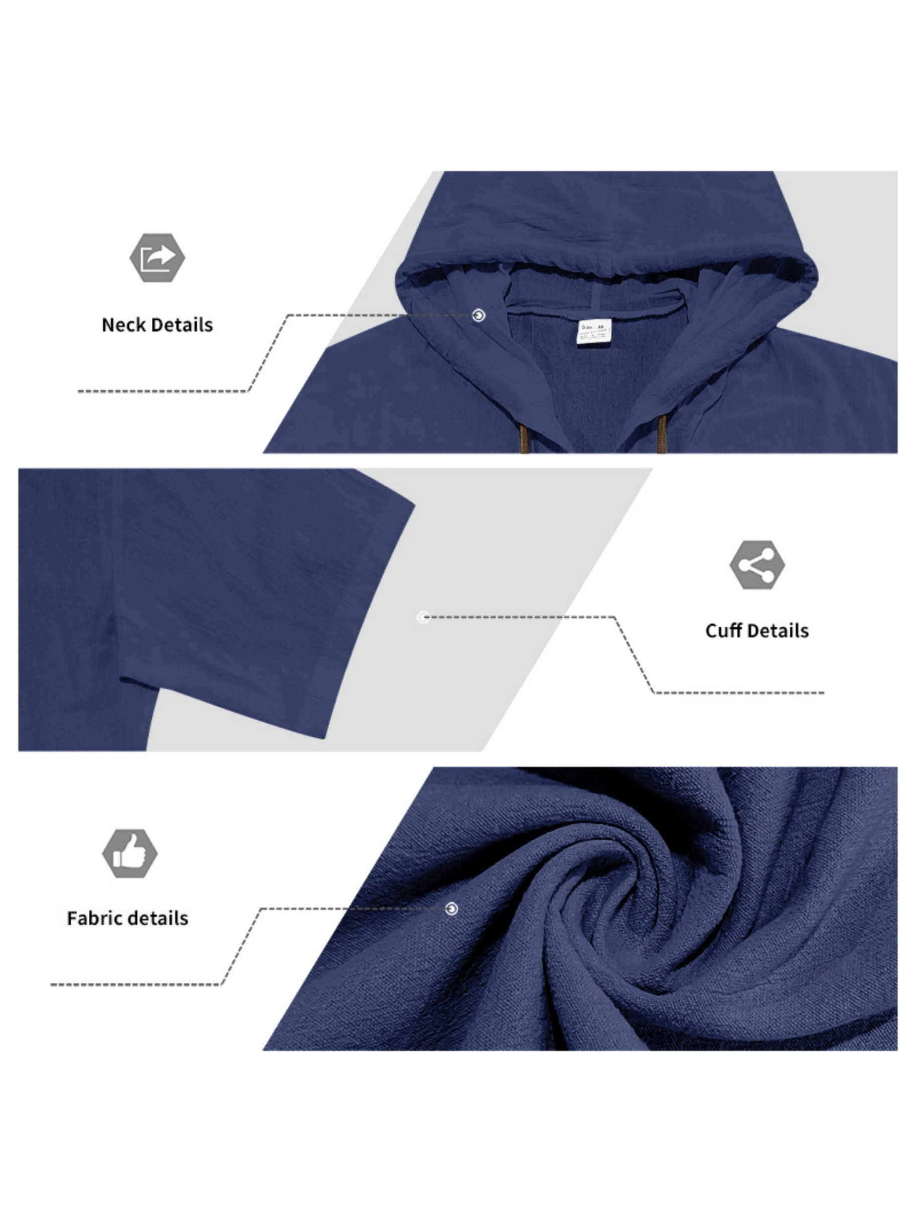 Men Navy Blue Linen Hooded Shirt and Trousers Set