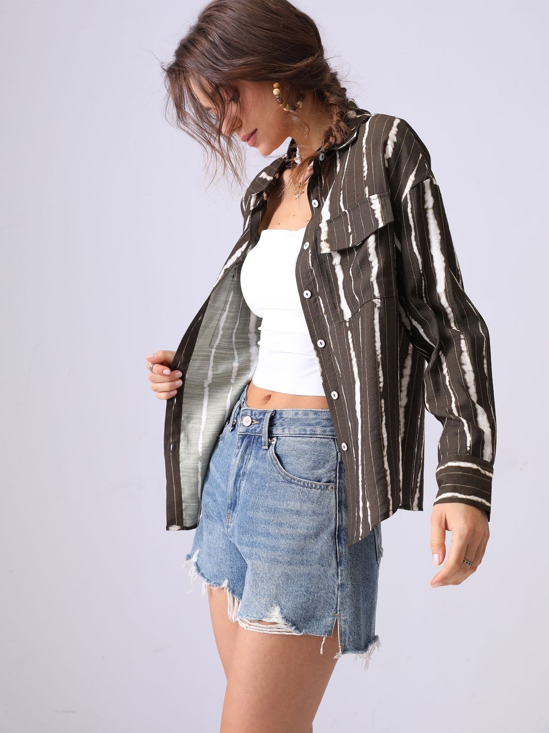 Brown Tie-Dye Striped Long Sleeve Pocket Detail Shirt