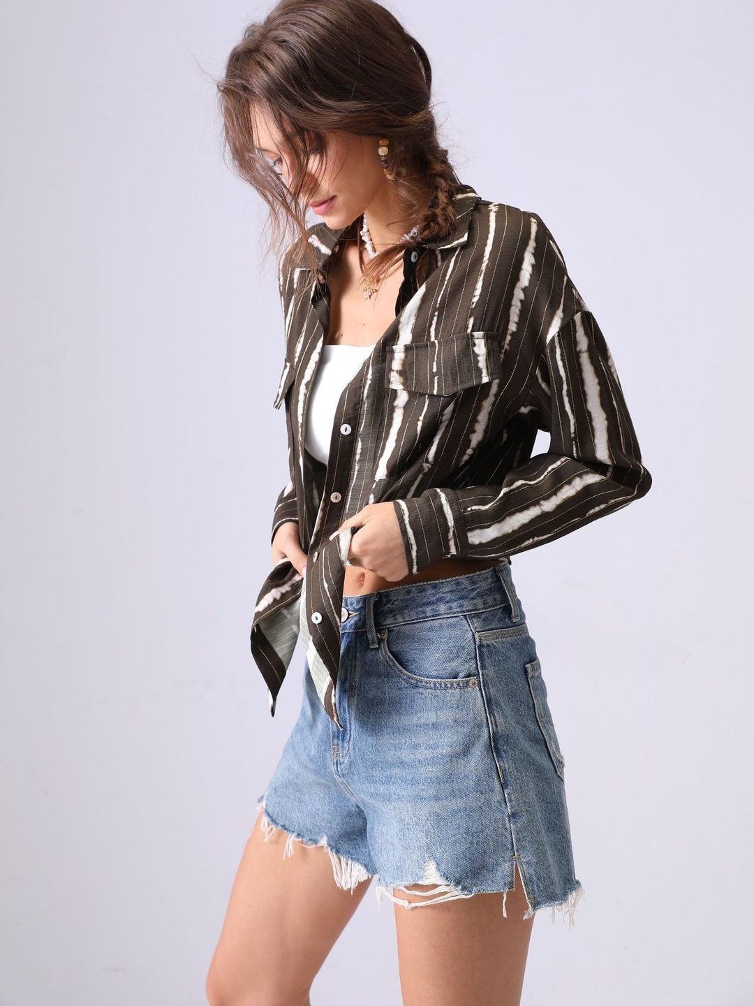 Brown Tie-Dye Striped Long Sleeve Pocket Detail Shirt
