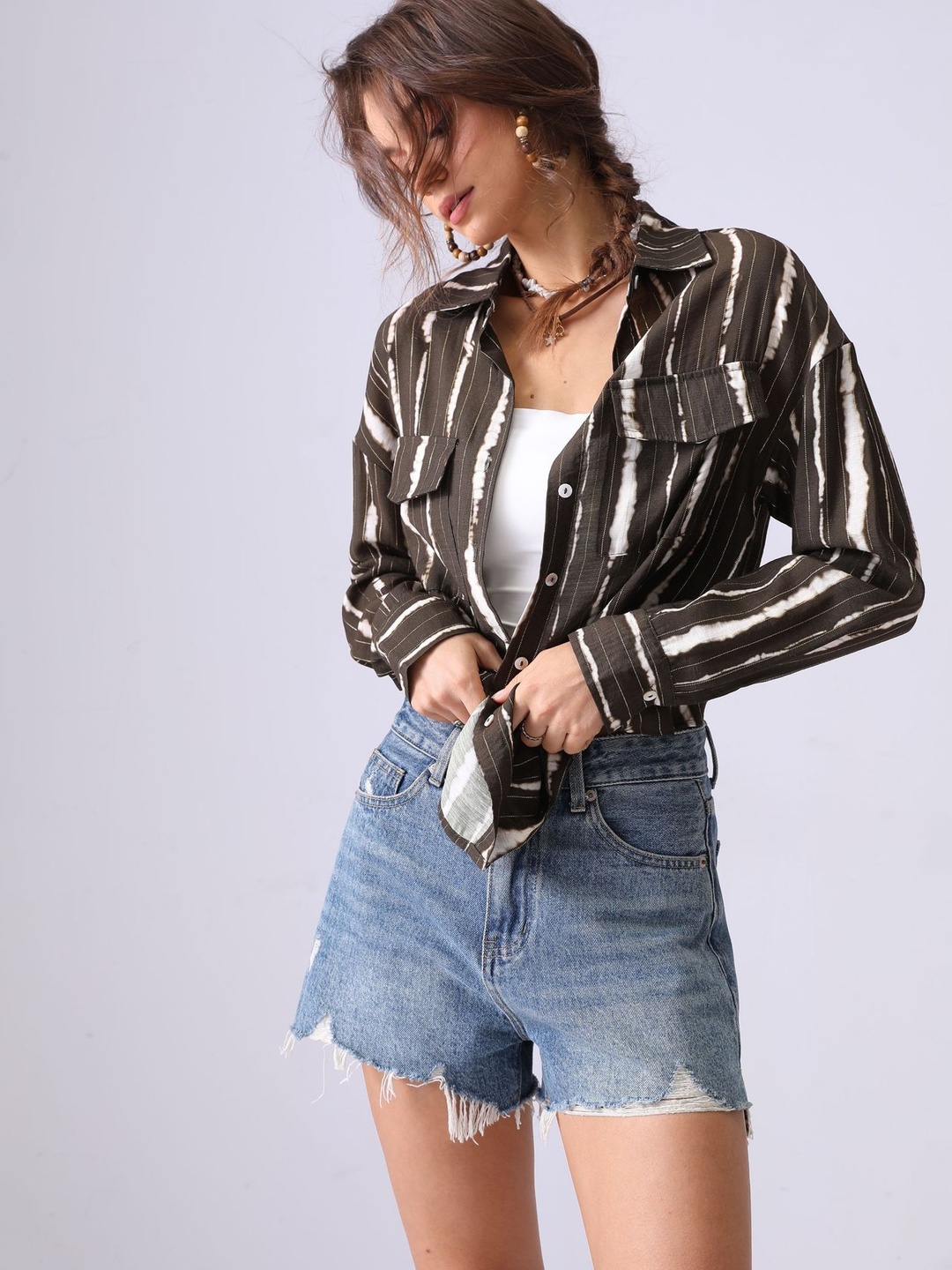 Brown Tie-Dye Striped Long Sleeve Pocket Detail Shirt