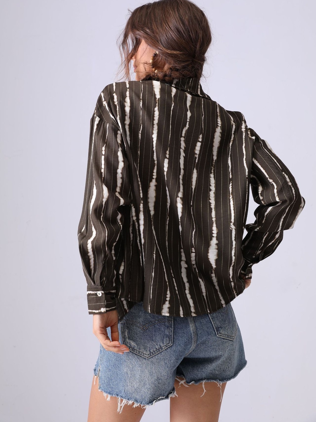Brown Tie-Dye Striped Long Sleeve Pocket Detail Shirt