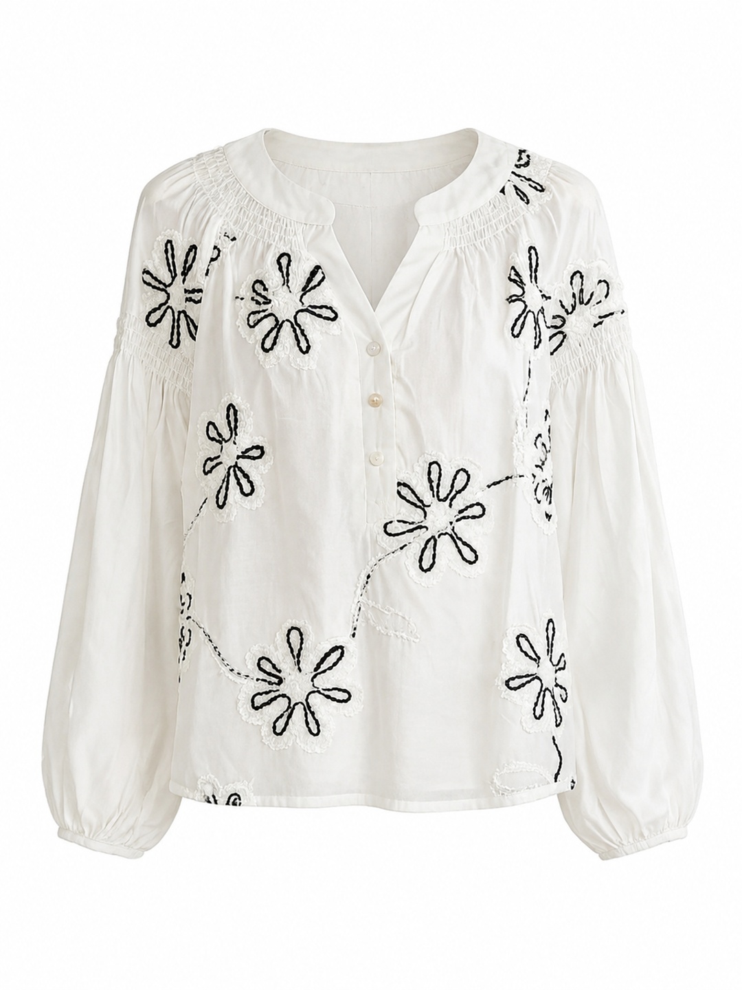 White Flower Embroidery Long Sleeve Blouse