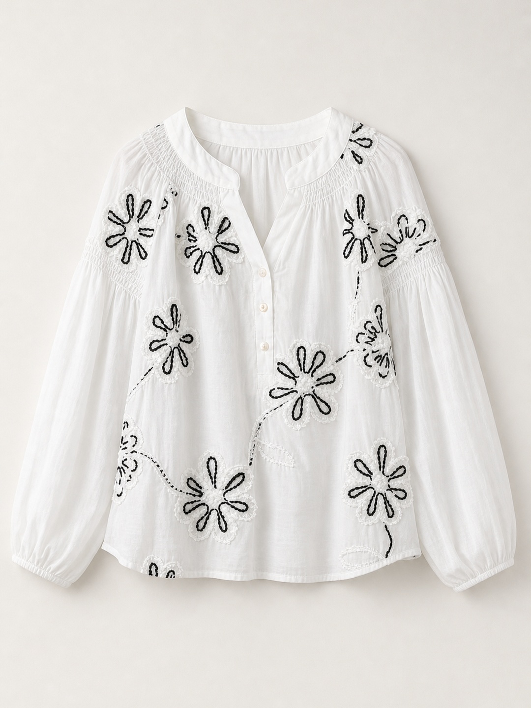 White Flower Embroidery Long Sleeve Blouse