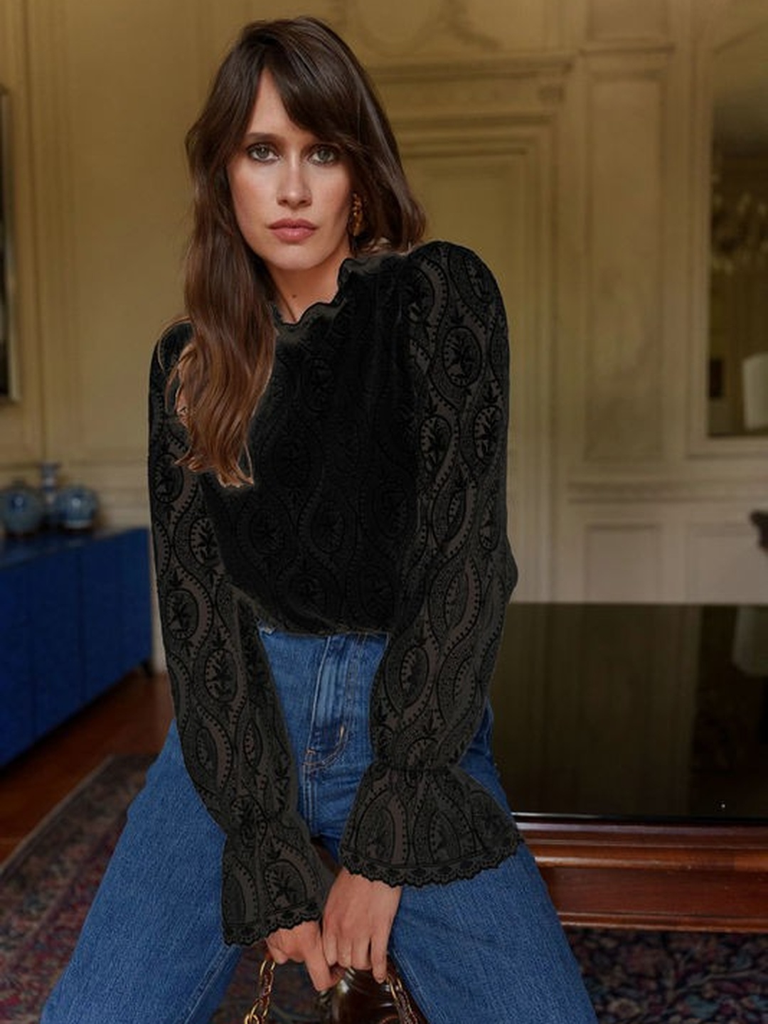 Black Jacquard Lace Long Sleeve High Neck Blouse