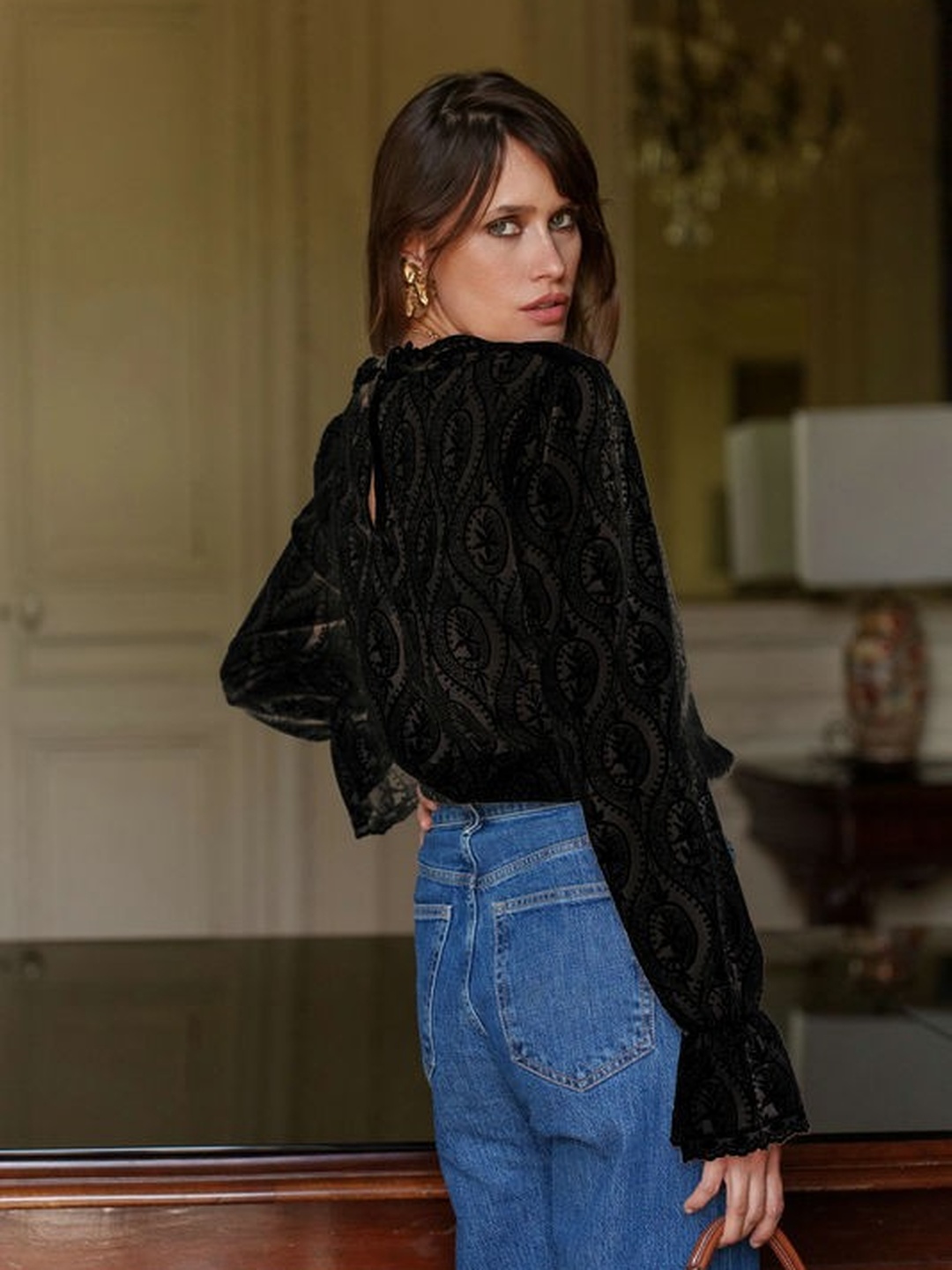 Black Jacquard Lace Long Sleeve High Neck Blouse