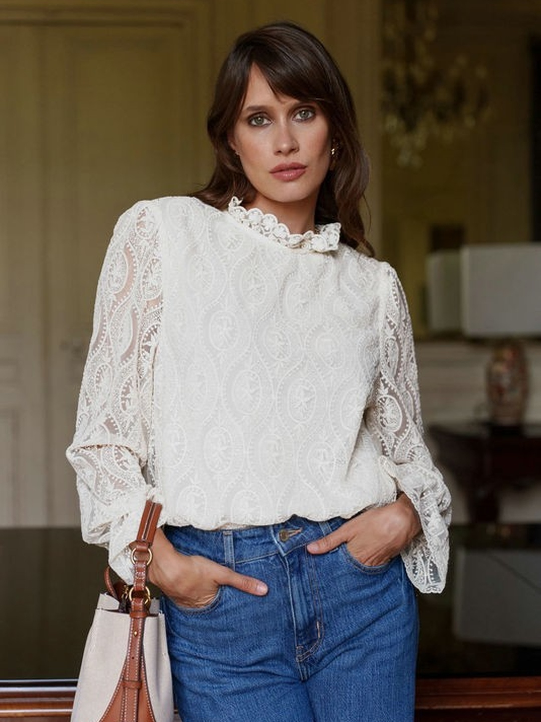 White Sheer Lace Long Sleeve Ruffle High Neck Blouse