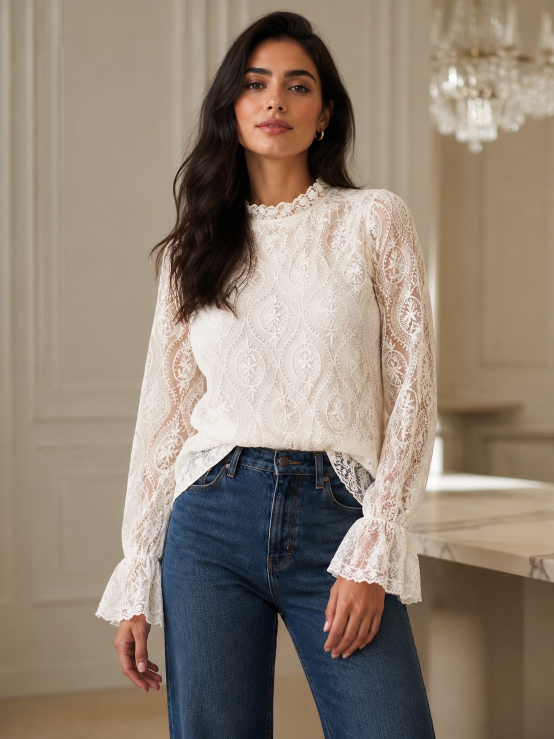 White Sheer Lace Long Sleeve Ruffle High Neck Blouse