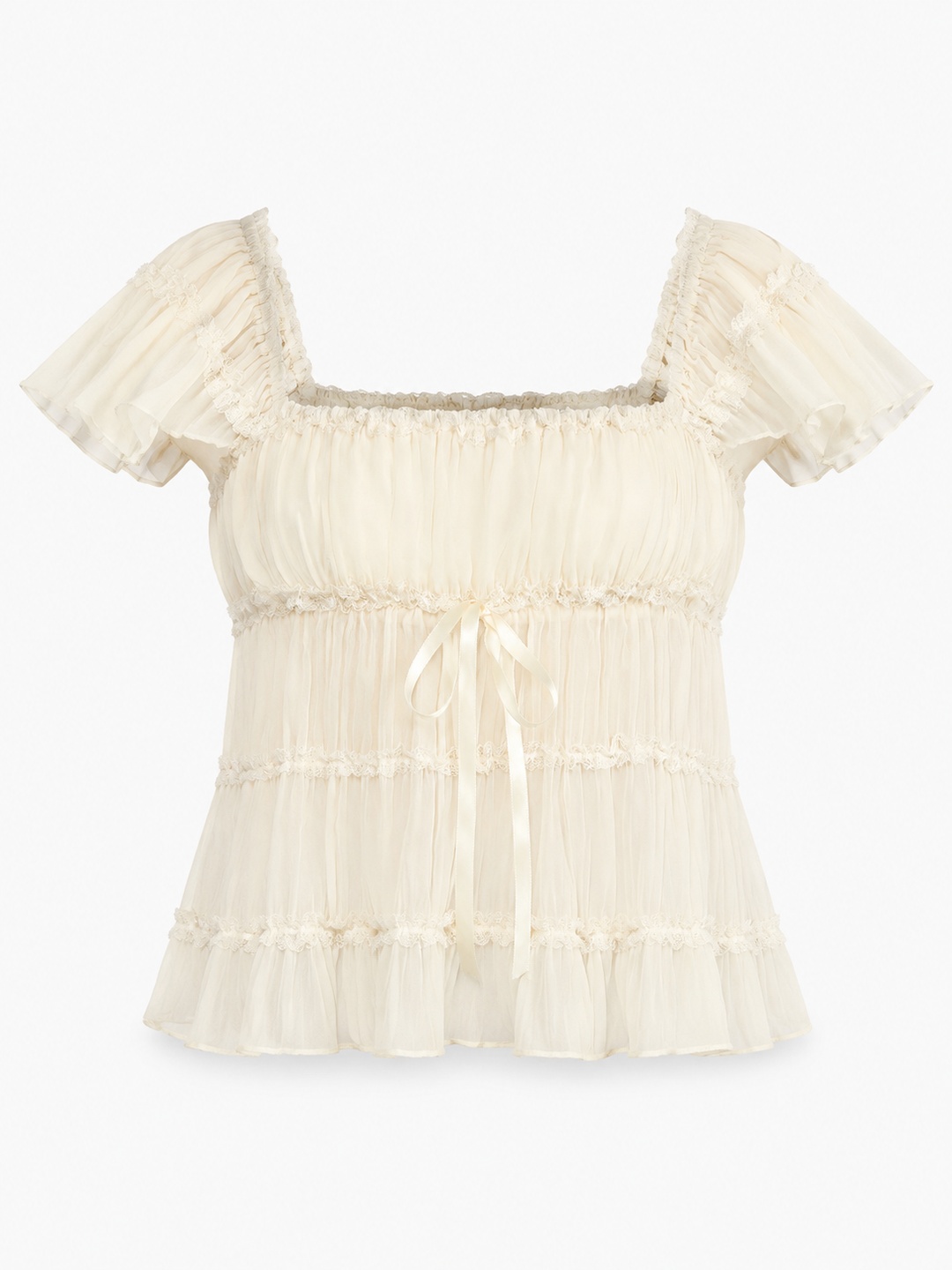 Peach Tiered Ruffle Blouse with Short Flutter Sleeves