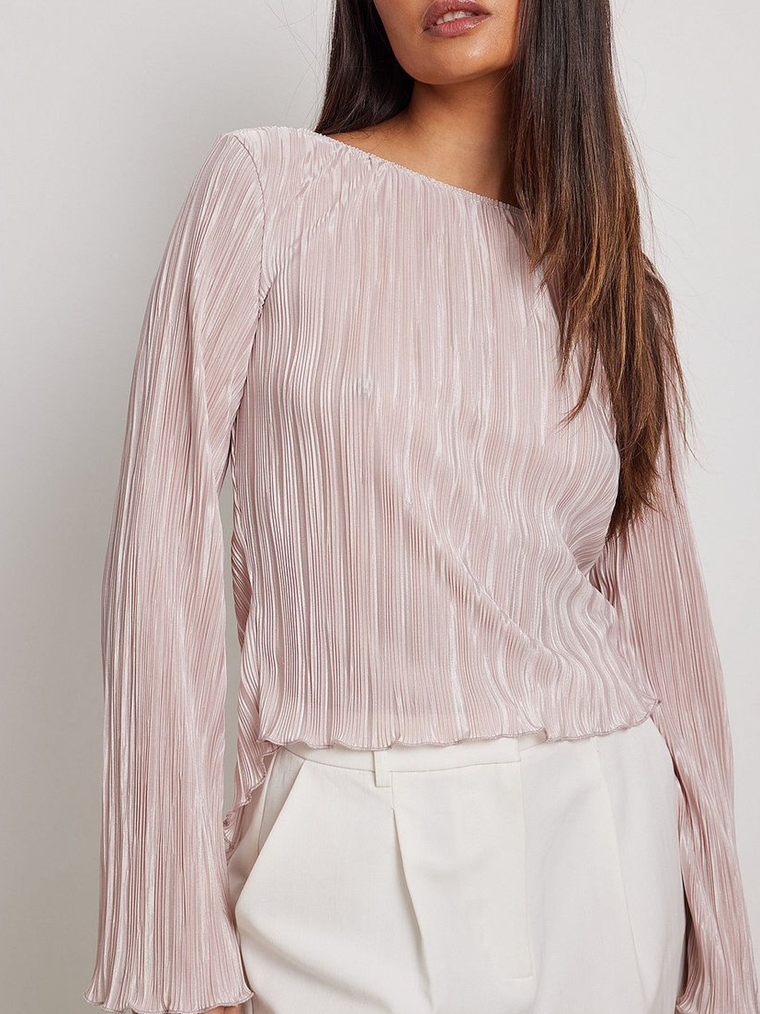Pink Pleated Long Sleeve Blouse