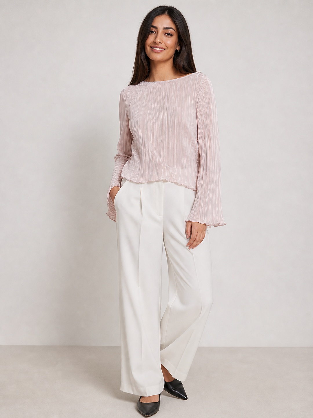 Pink Pleated Long Sleeve Blouse