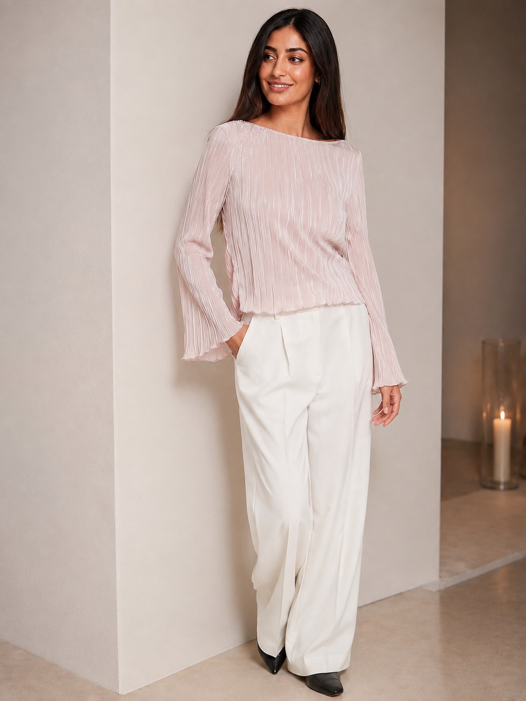Pink Pleated Long Sleeve Blouse