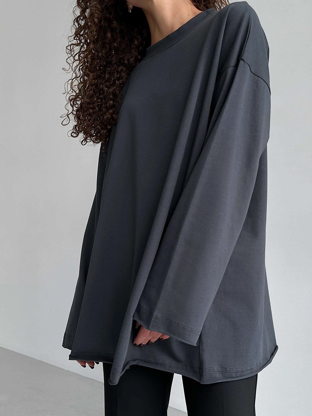Black Oversized Long Sleeve Crew Neck Cotton Top