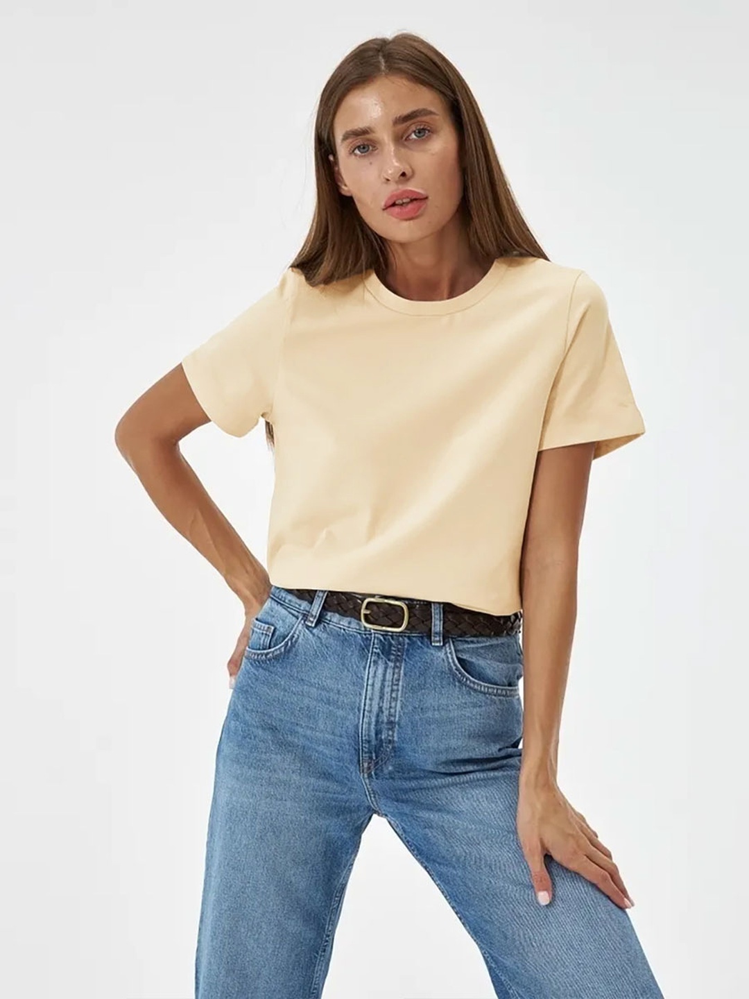 Yellow Solid Short Sleeve Round Neck T-Shirt