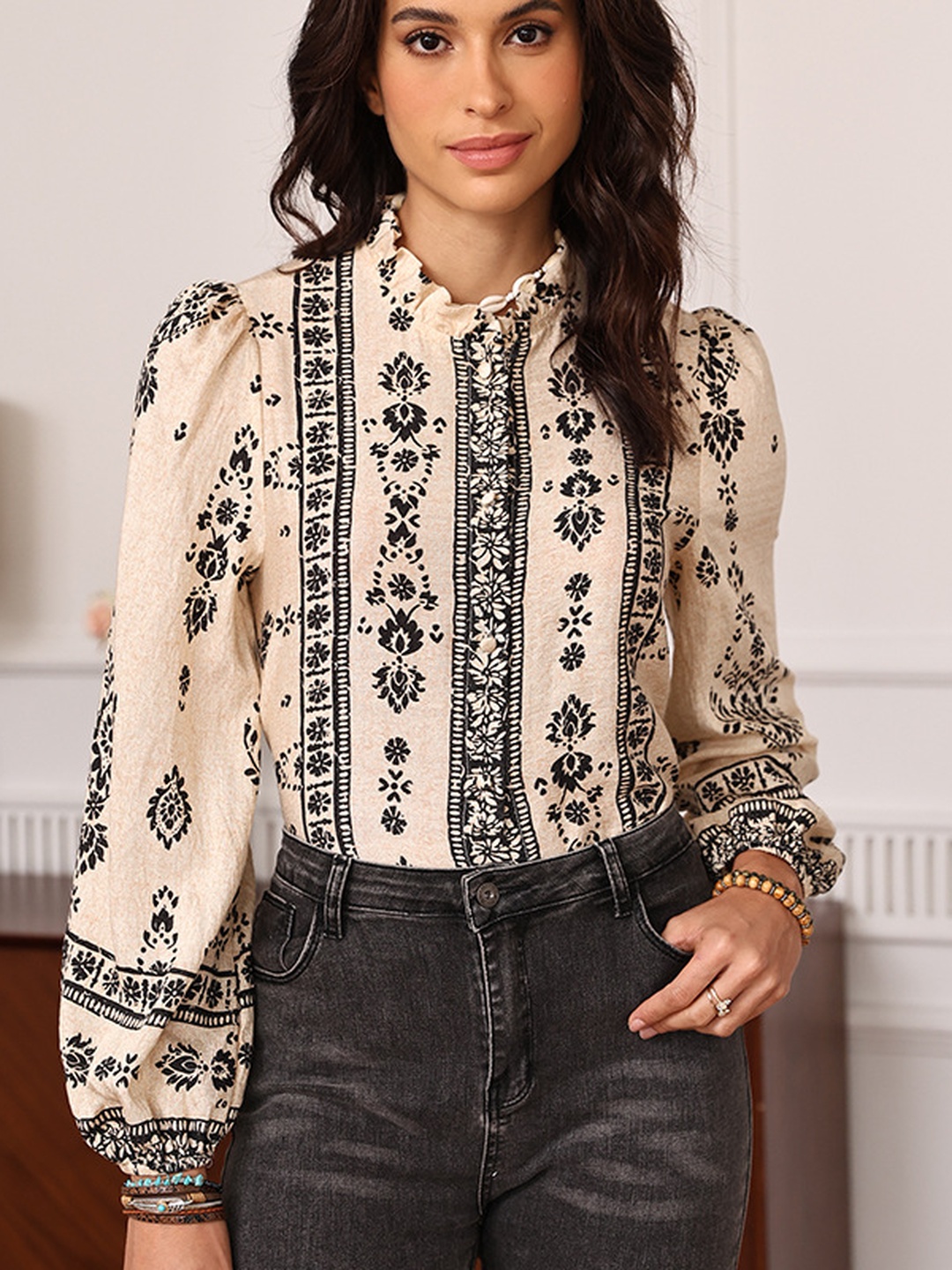 Beige Floral Print Ruffle Stand Collar Shirt