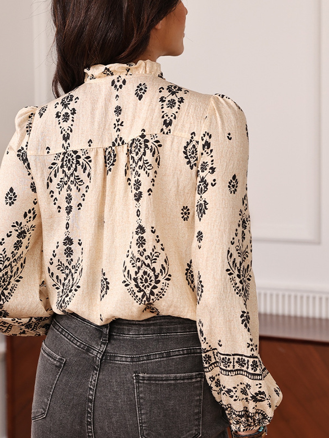 Beige Floral Print Ruffle Stand Collar Shirt