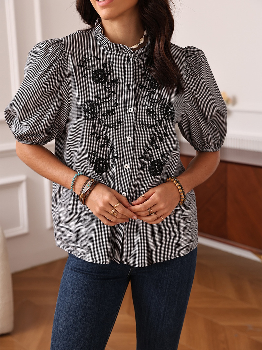 Black Gingham Embroidered Puff Sleeve Button-Up Shirt
