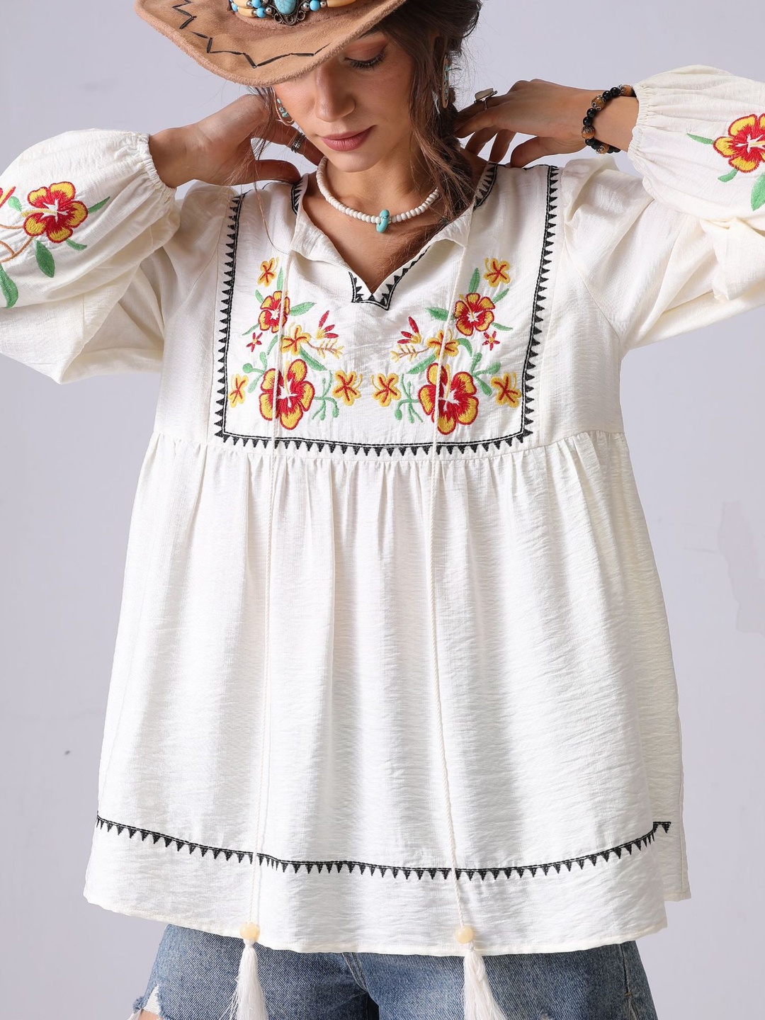 White Flower Embroidered Tie-Up Neck Tunic Blouse
