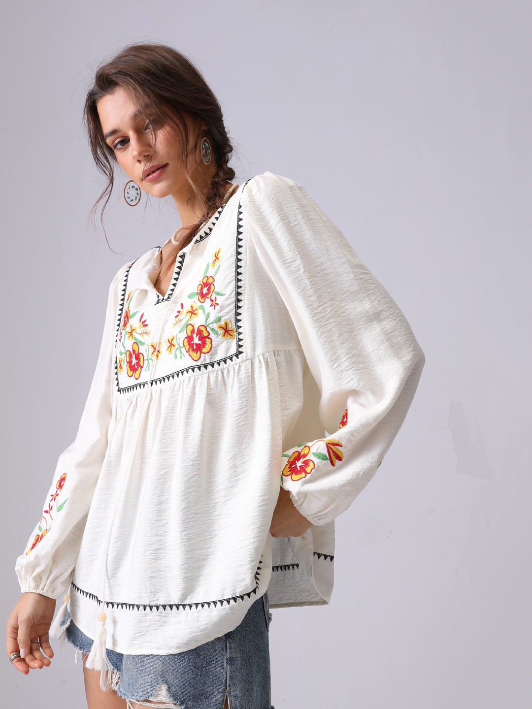 White Flower Embroidered Tie-Up Neck Tunic Blouse