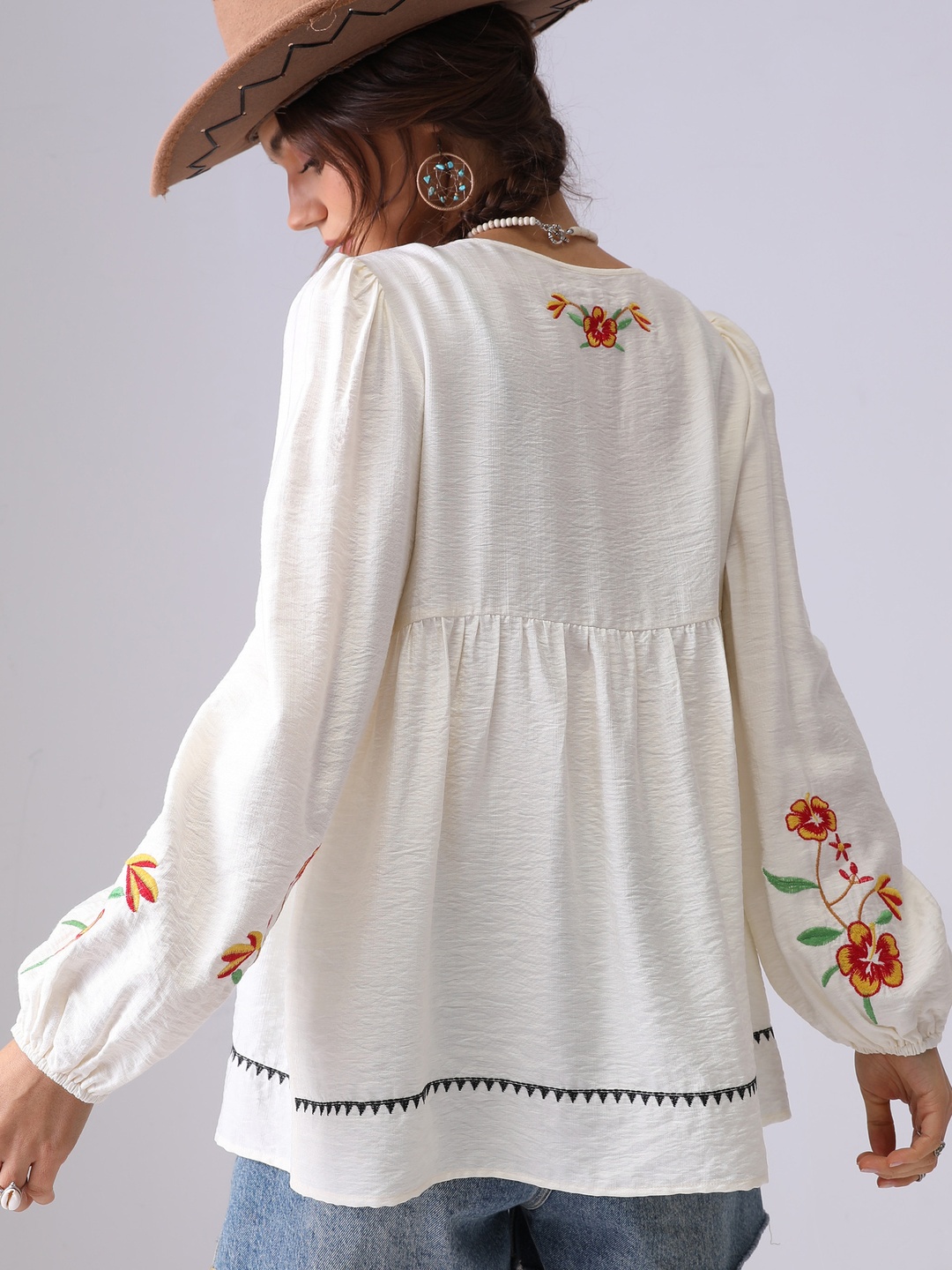 White Flower Embroidered Tie-Up Neck Tunic Blouse