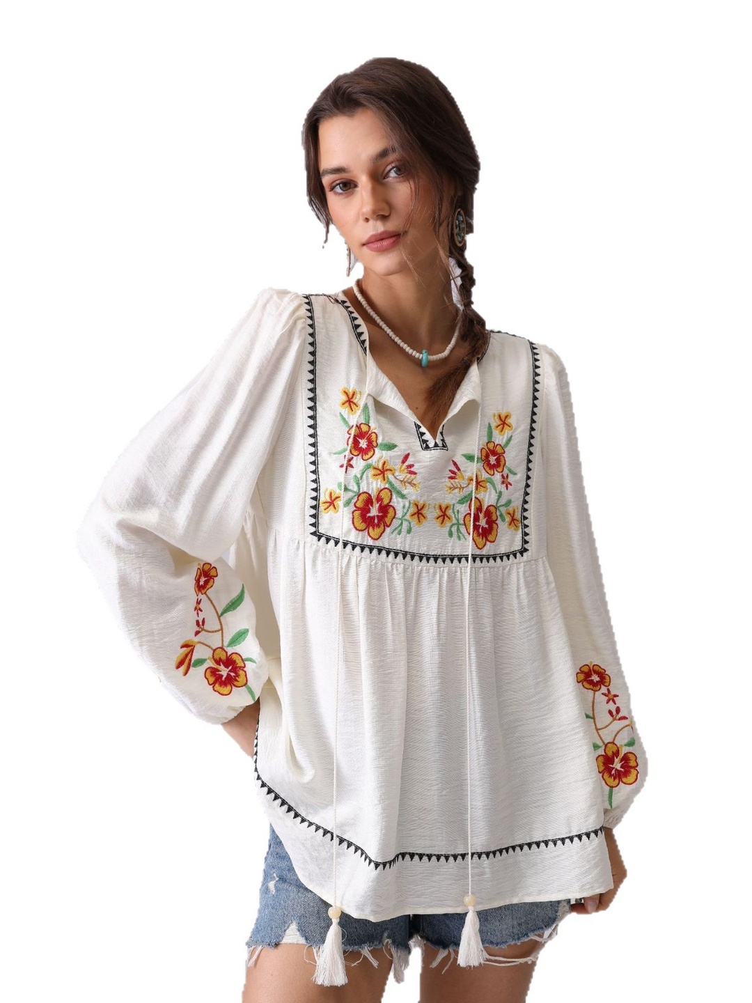 White Flower Embroidered Tie-Up Neck Tunic Blouse