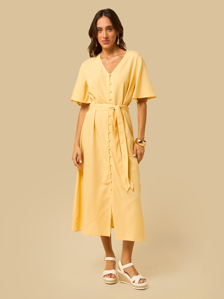 Linen Blend V-Neck Belted Dress