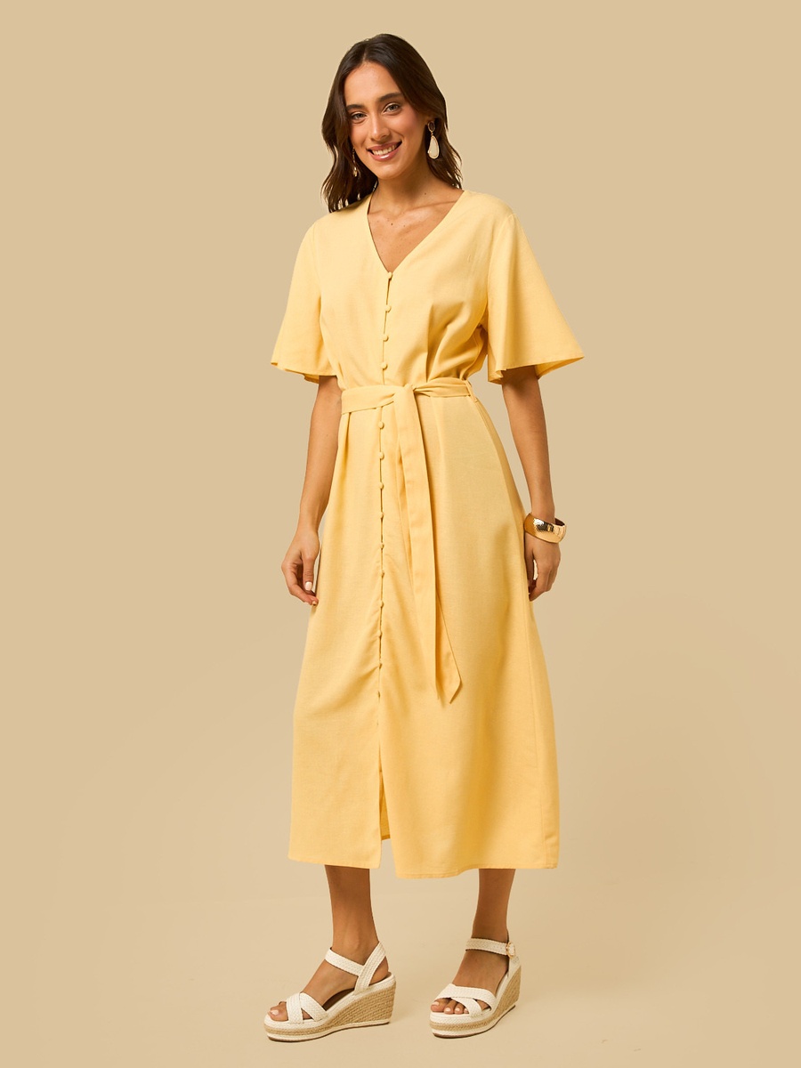 Linen Blend V-Neck Belted Dress