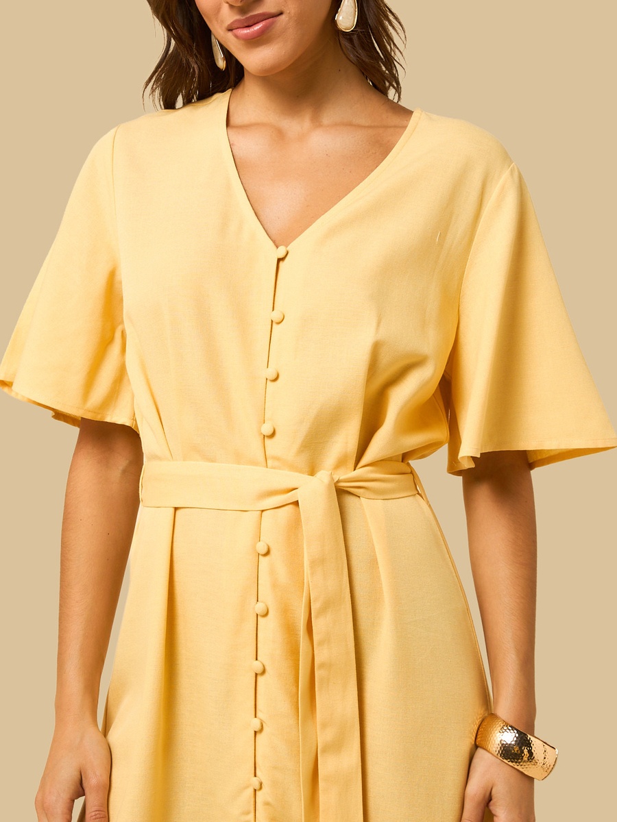 Linen Blend V-Neck Belted Dress